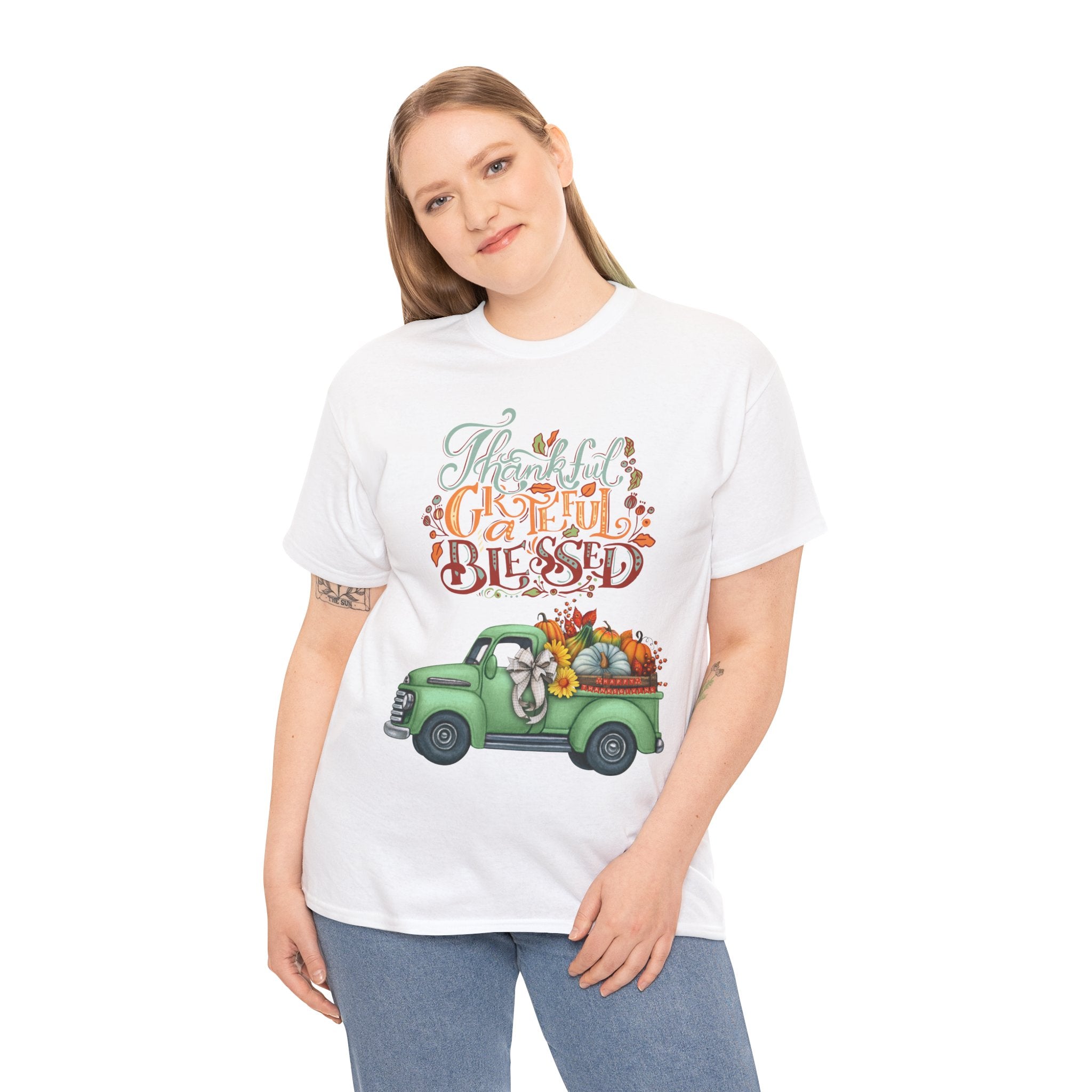 Thankful Grateful Blessed Tee, Unisex Heavy Cotton T-Shirt, Fall Apparel, Thanksgiving Shirt, Casual Wear, Gift for Friends