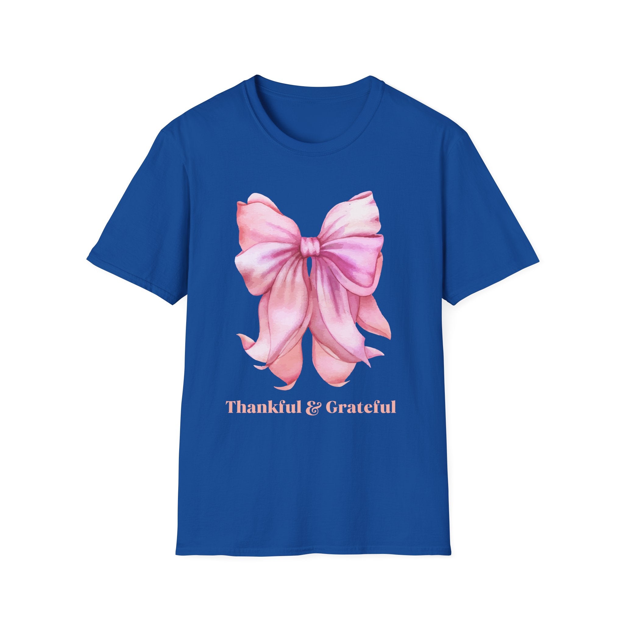 Thankful & Grateful Bow T-Shirt, Unisex Softstyle Tee, Thanksgiving Gift, Fall Apparel, Cute Casual Wear, Gratitude Shirt
