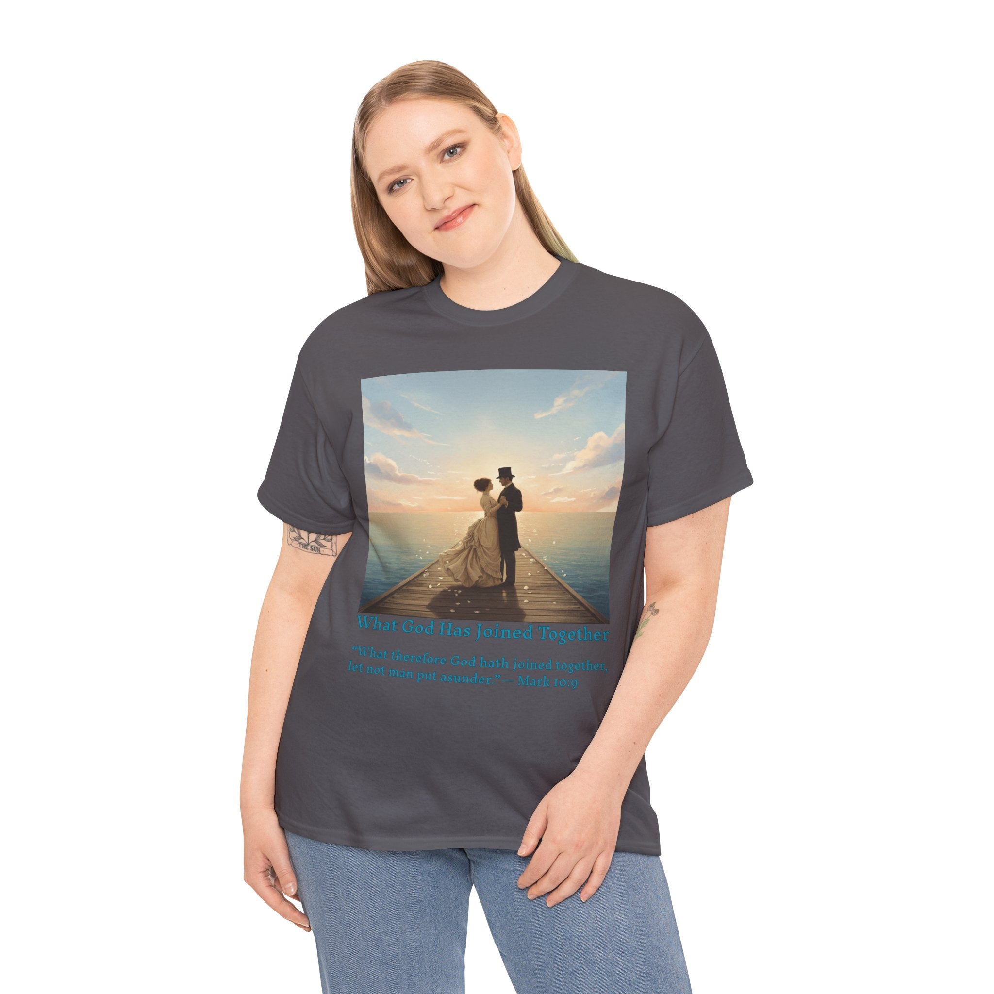 Romantic couple on a pier at sunset — inspired by Jack Vettriano-Wedding Quote T-Shirt, Unisex Heavy Cotton Tee, Casual Wear, Gift for Newlyweds, Bride & Groom Apparel, Anniversary Gift