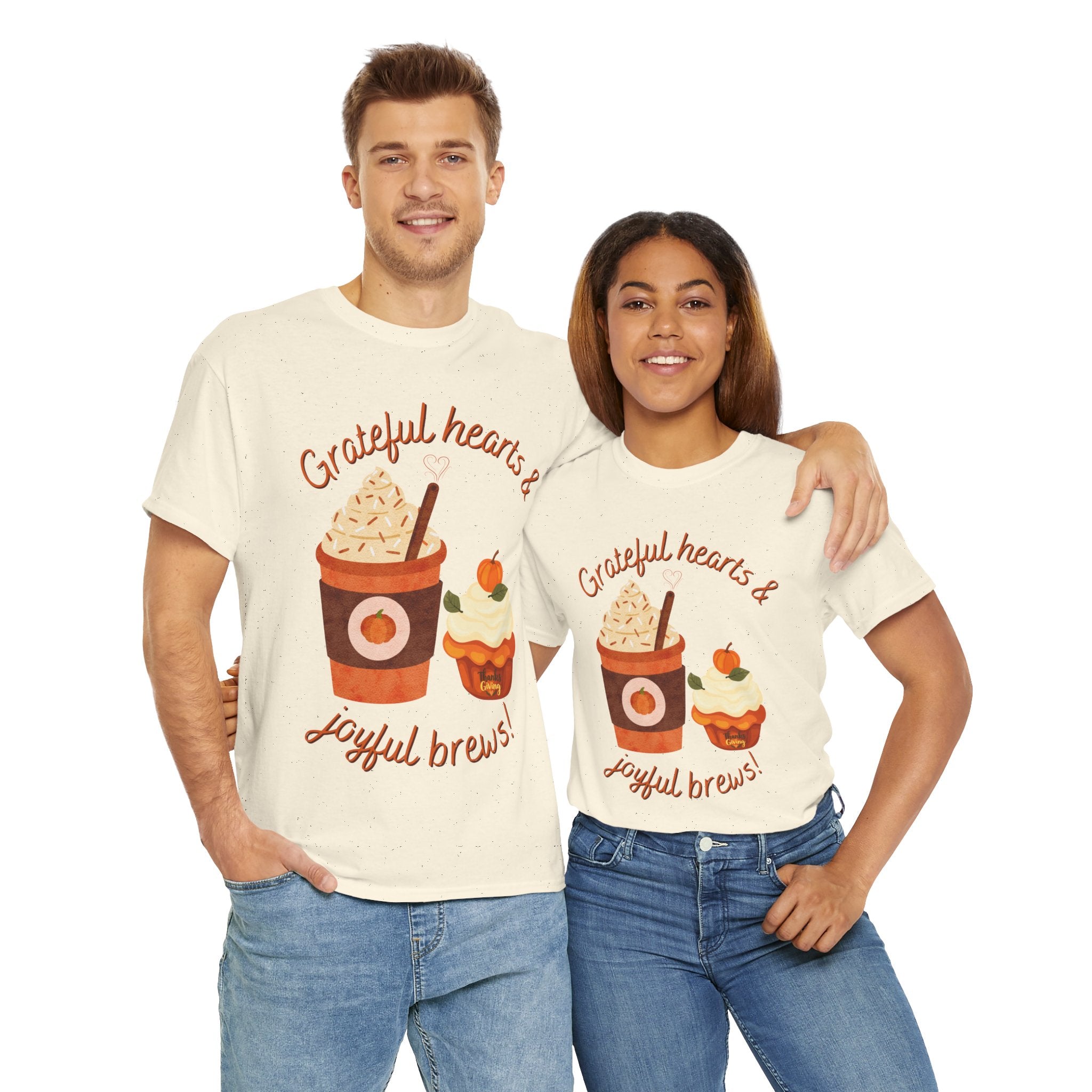 Happy Thanksgiving- Grateful Hearts & Joyful Brews Tee, Unisex Cotton Shirt, Coffee Lovers Gift, Casual Wear, Cute Tee for Celebrations, Fall Fashion