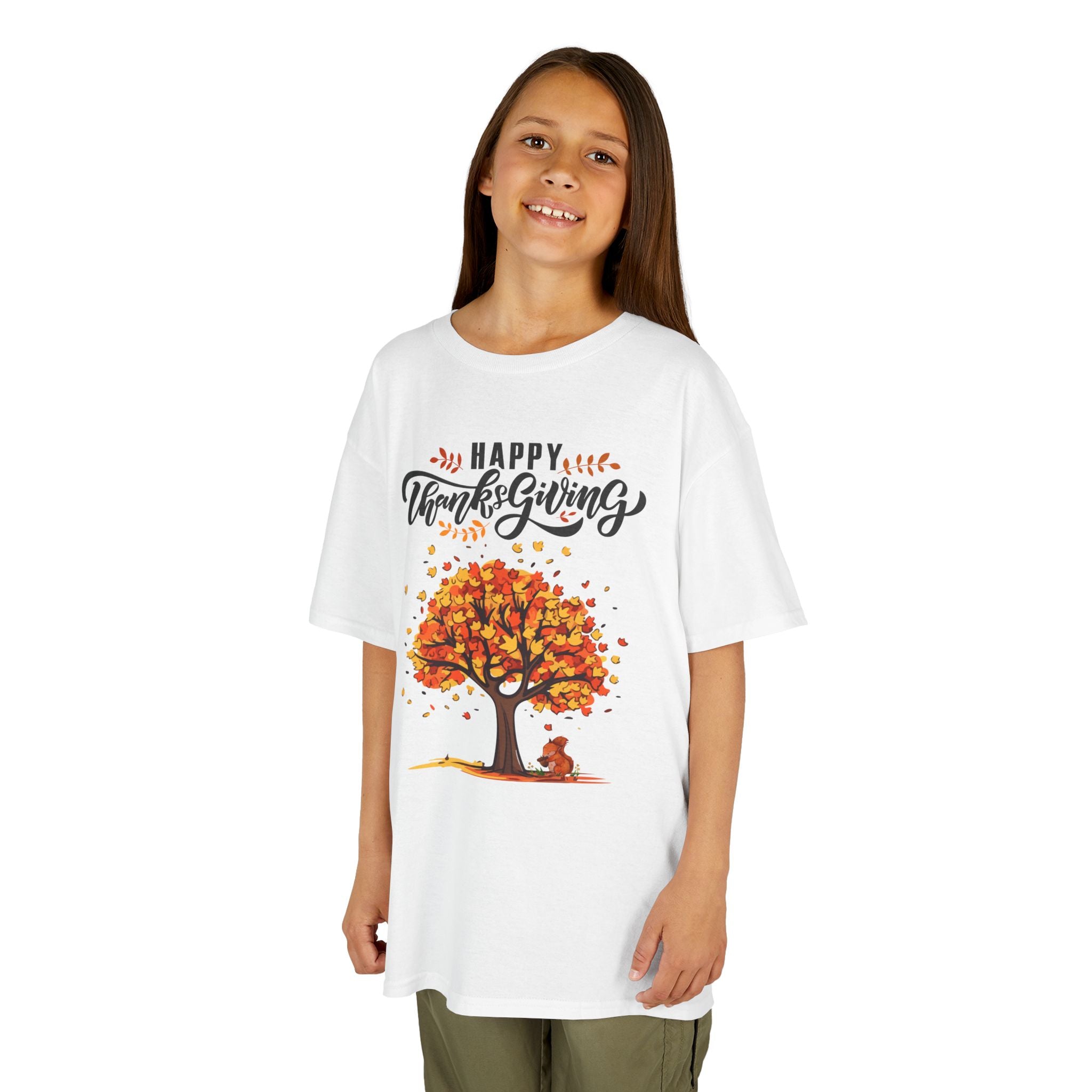 Happy Thanksgiving Kids Tee, Fall T-Shirt, Autumn Apparel, Festive Gift, Holiday Outfit, Tree and Leaves Design