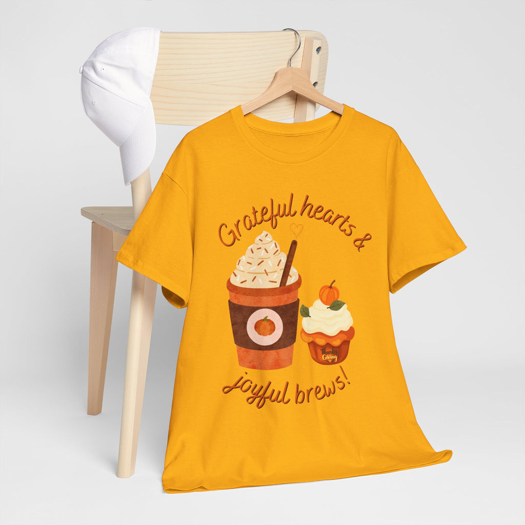 Happy Thanksgiving- Grateful Hearts & Joyful Brews Tee, Unisex Cotton Shirt, Coffee Lovers Gift, Casual Wear, Cute Tee for Celebrations, Fall Fashion