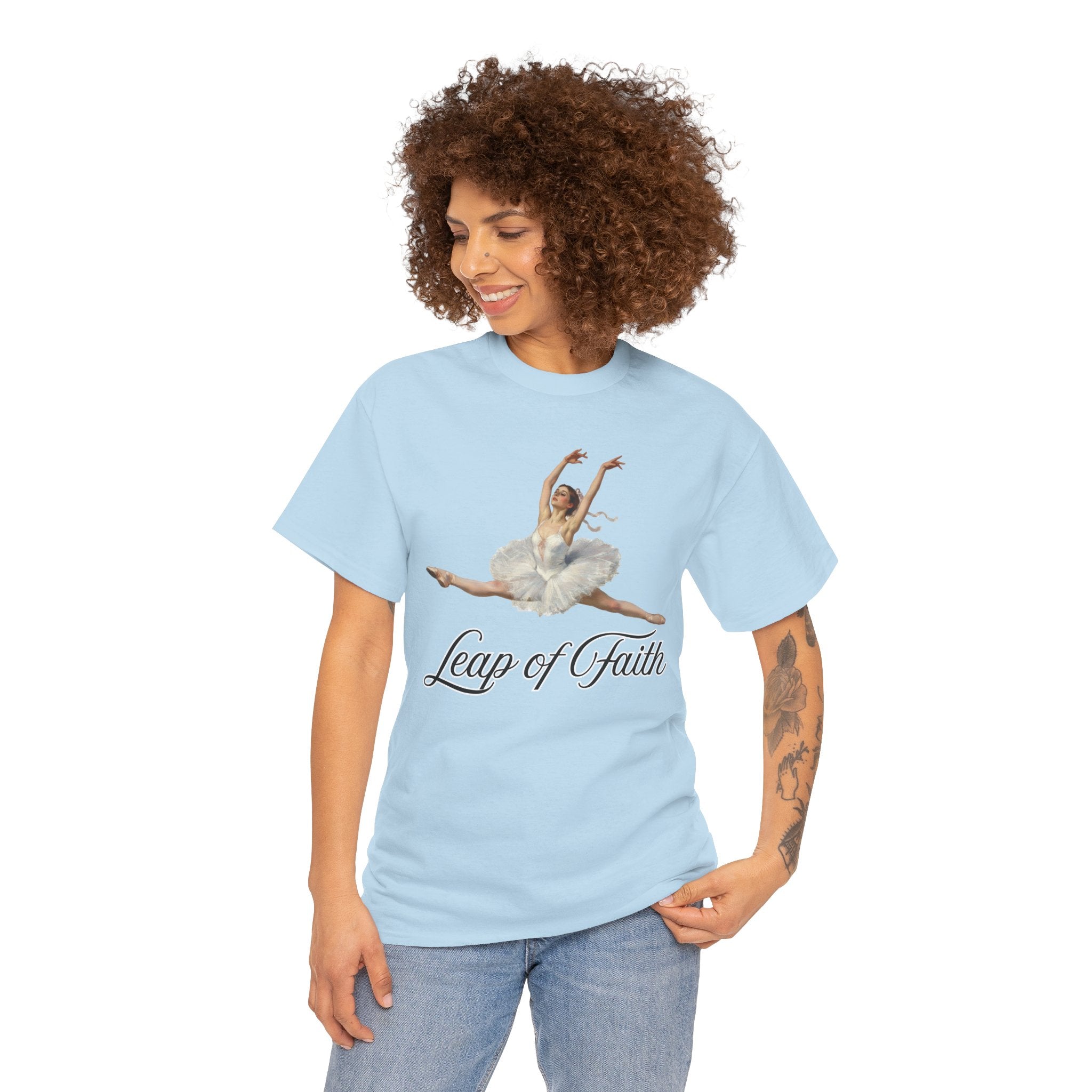 Ballet Inspired Tee - Leap of Faith, Dance Gift, Unisex Cotton Shirt, Inspirational Apparel, Performance Wear, Gift for Dancers-Ballerina in a split leap, inspired by the impressionistic ballet studies of Edgar Degas.