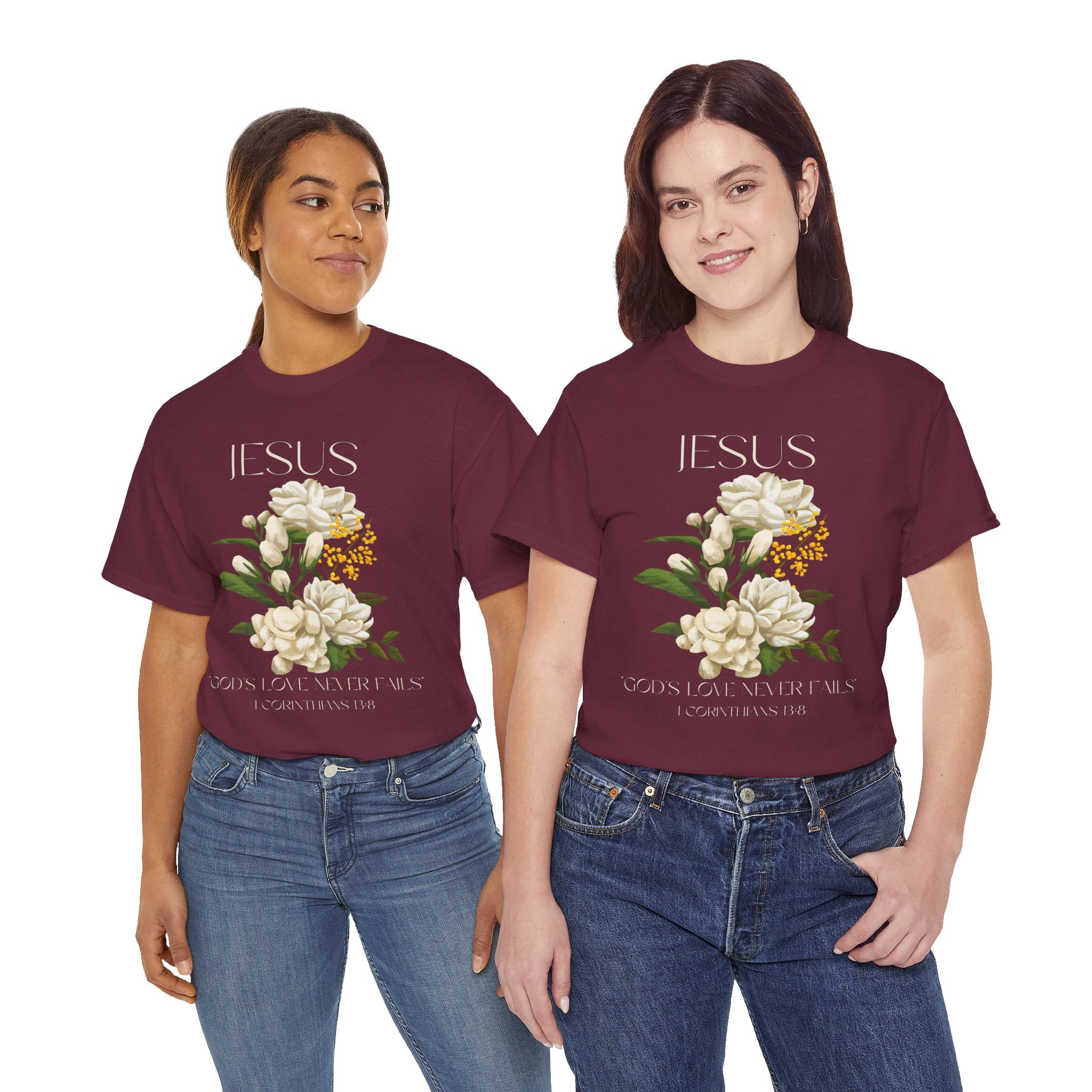 Floral Jesus-God's love never fails- Graphic Tee | Unisex Cotton T-Shirt for Faith & Inspiration, Ideal for Gifts, Casual Wear, Church Events, and Celebrations