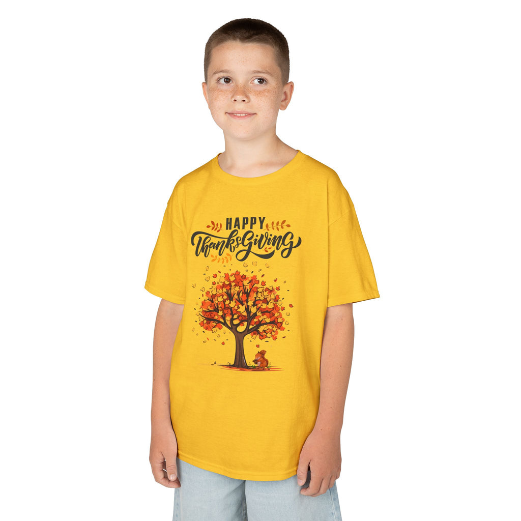 Happy Thanksgiving Kids Tee, Fall T-Shirt, Autumn Apparel, Festive Gift, Holiday Outfit, Tree and Leaves Design