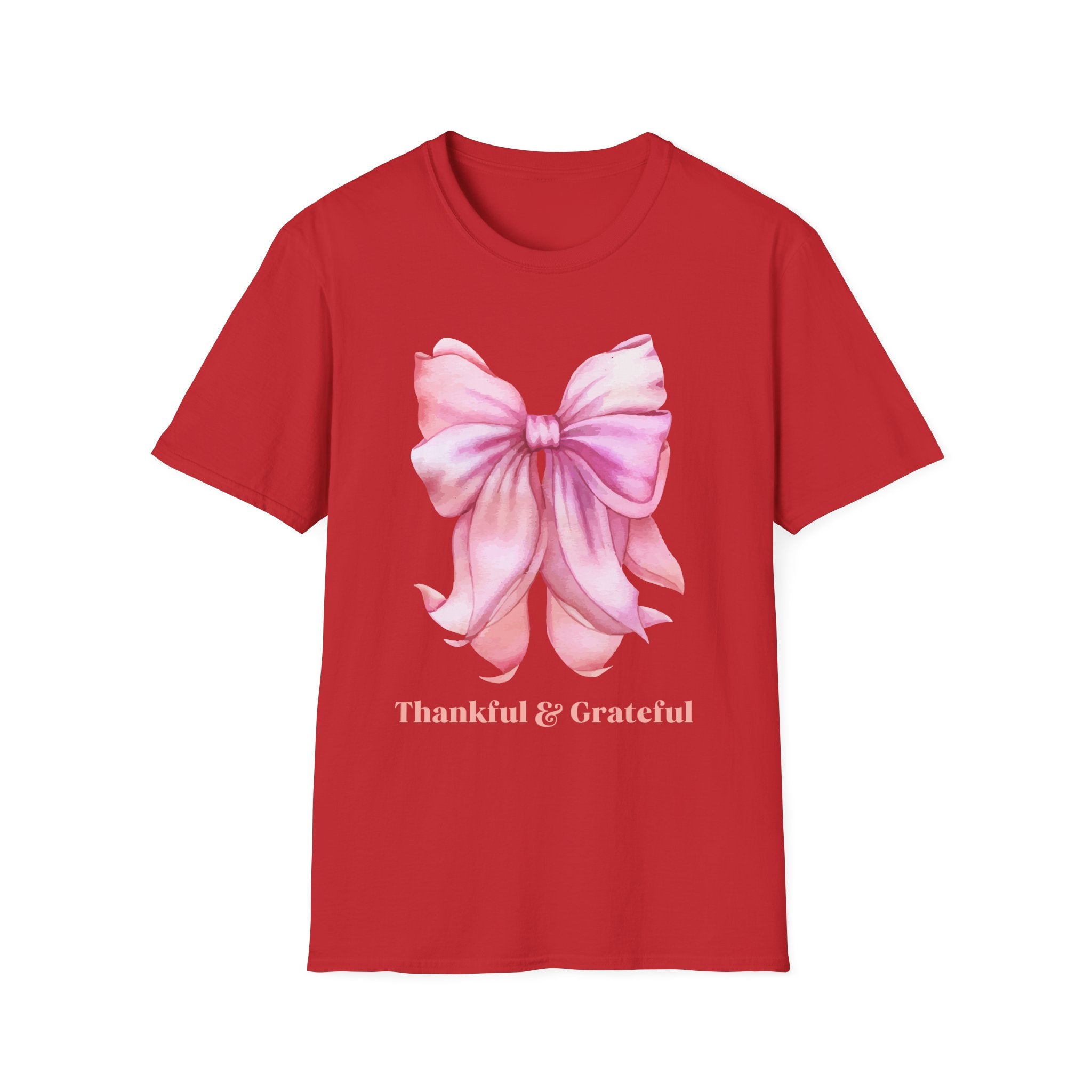 Thankful & Grateful Bow T-Shirt, Unisex Softstyle Tee, Thanksgiving Gift, Fall Apparel, Cute Casual Wear, Gratitude Shirt