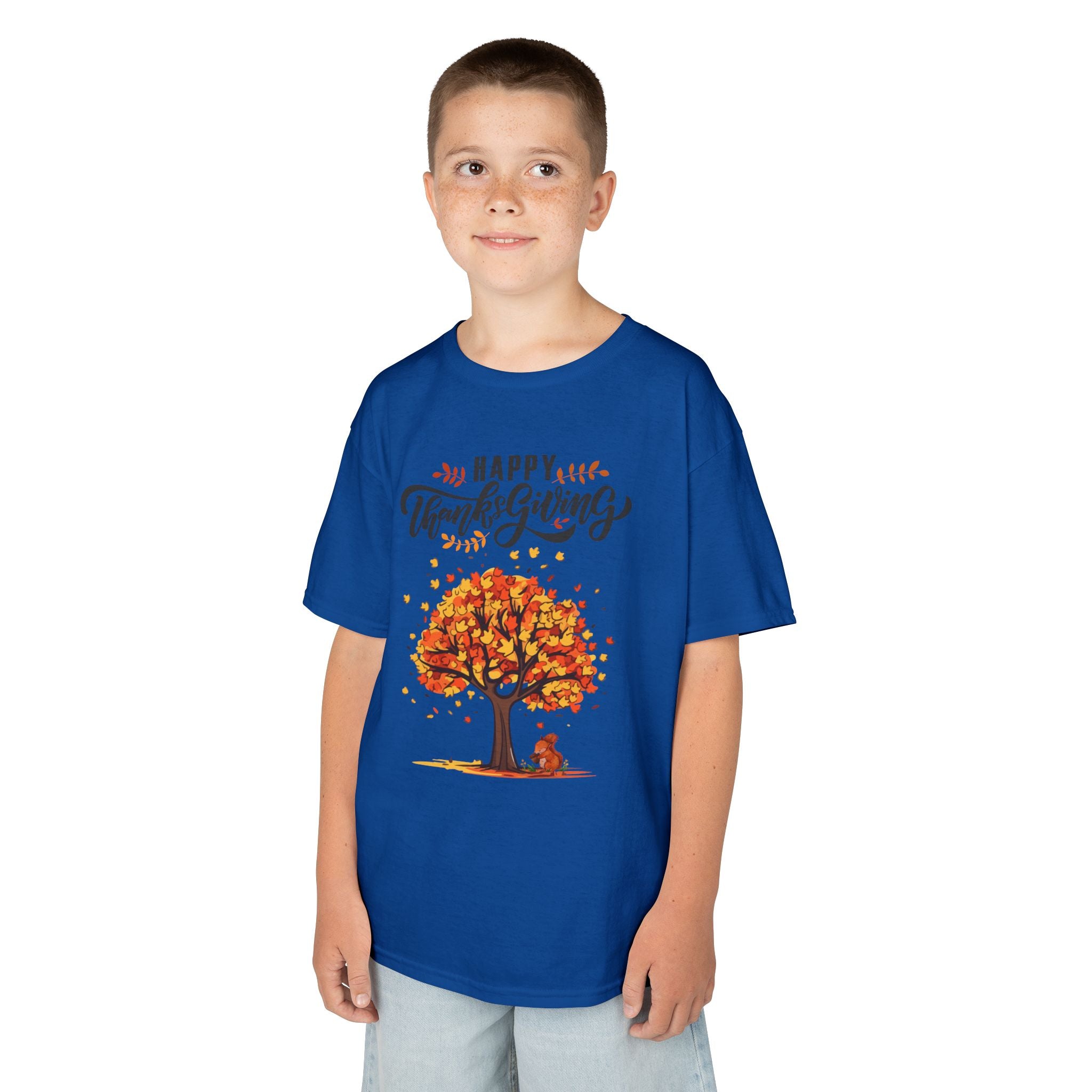 Happy Thanksgiving Kids Tee, Fall T-Shirt, Autumn Apparel, Festive Gift, Holiday Outfit, Tree and Leaves Design