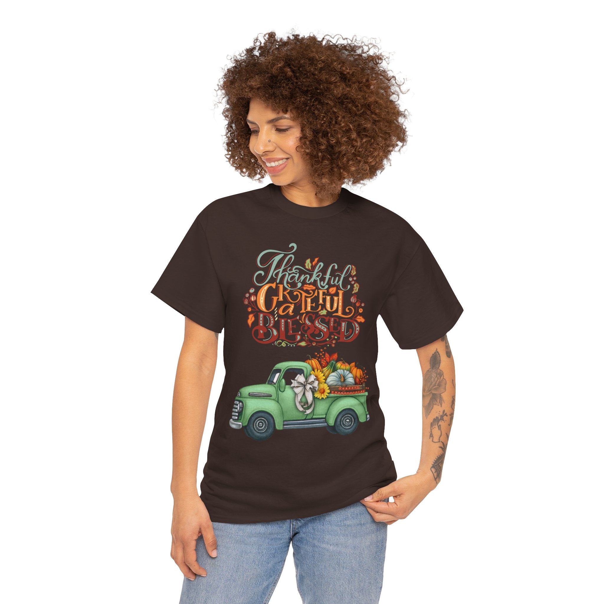 Thankful Grateful Blessed Tee, Unisex Heavy Cotton T-Shirt, Fall Apparel, Thanksgiving Shirt, Casual Wear, Gift for Friends