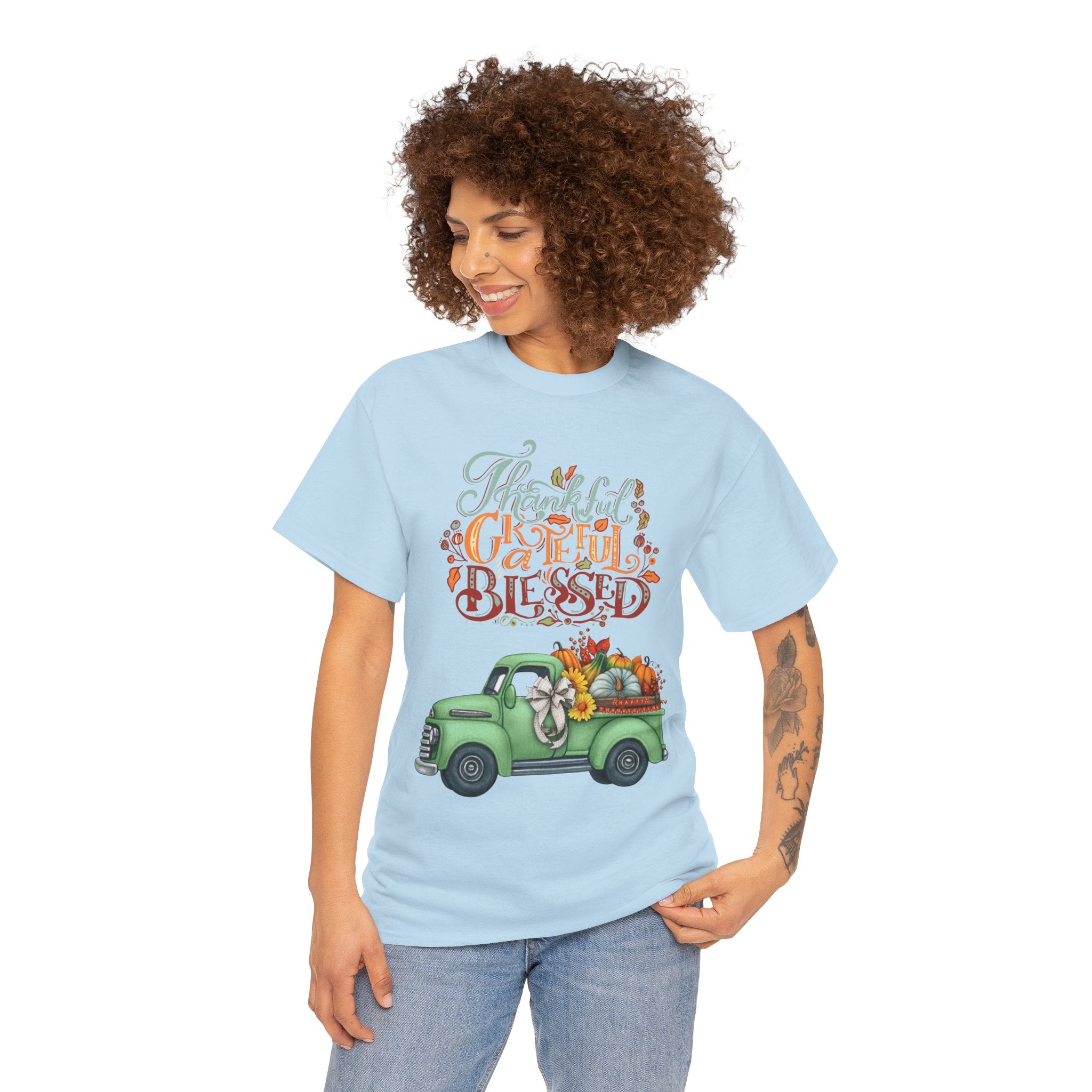 Thankful Grateful Blessed Tee, Unisex Heavy Cotton T-Shirt, Fall Apparel, Thanksgiving Shirt, Casual Wear, Gift for Friends