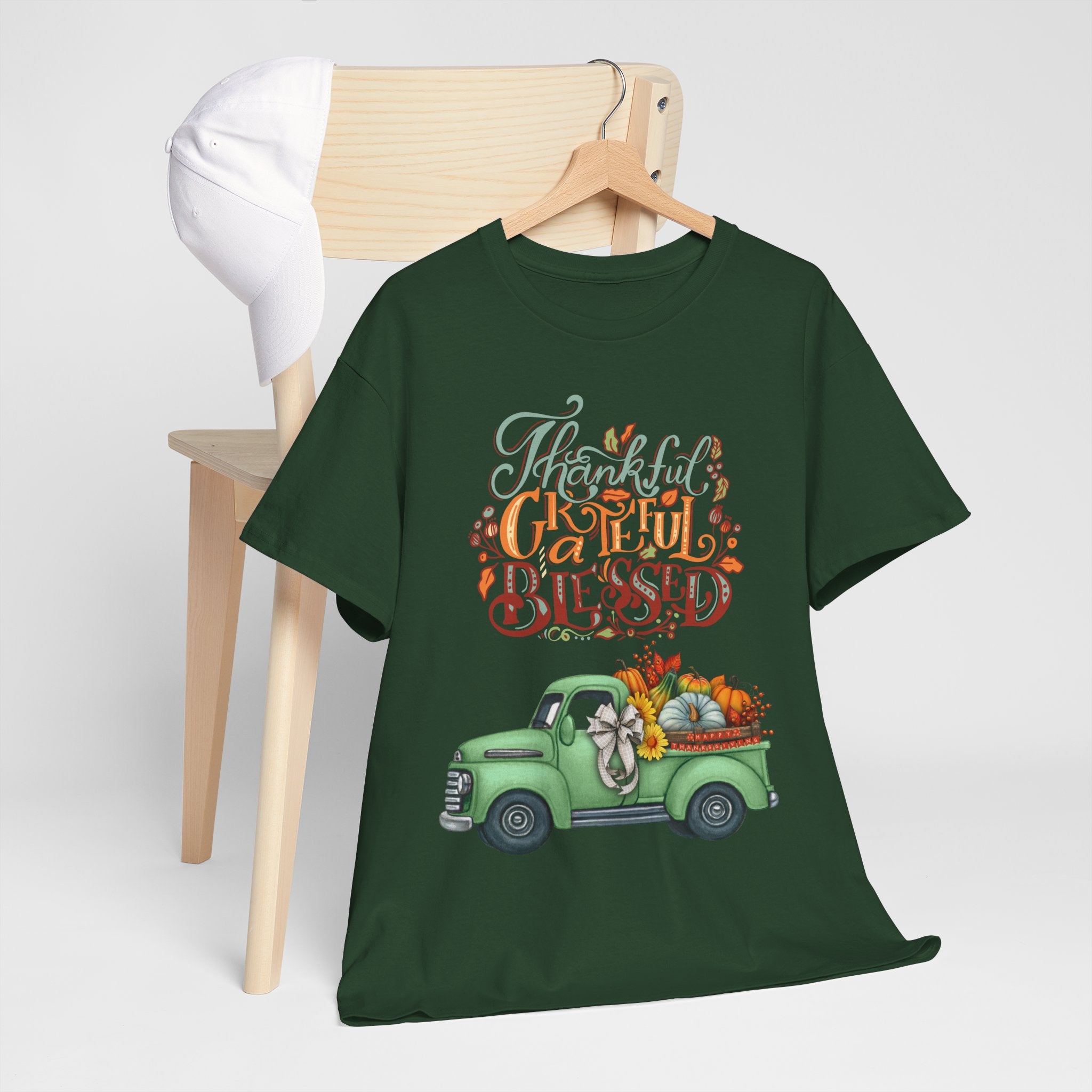 Thankful Grateful Blessed Tee, Unisex Heavy Cotton T-Shirt, Fall Apparel, Thanksgiving Shirt, Casual Wear, Gift for Friends