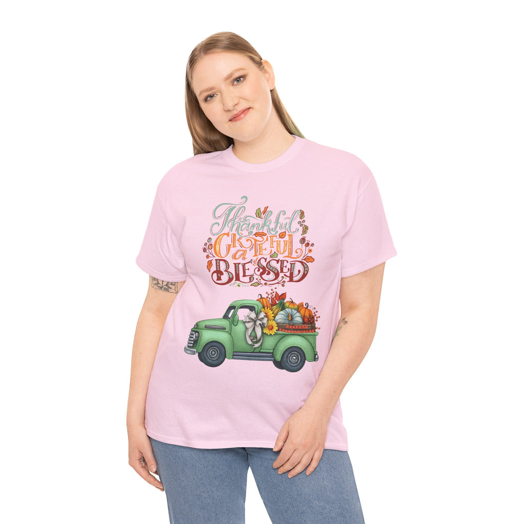 Thankful Grateful Blessed Tee, Unisex Heavy Cotton T-Shirt, Fall Apparel, Thanksgiving Shirt, Casual Wear, Gift for Friends