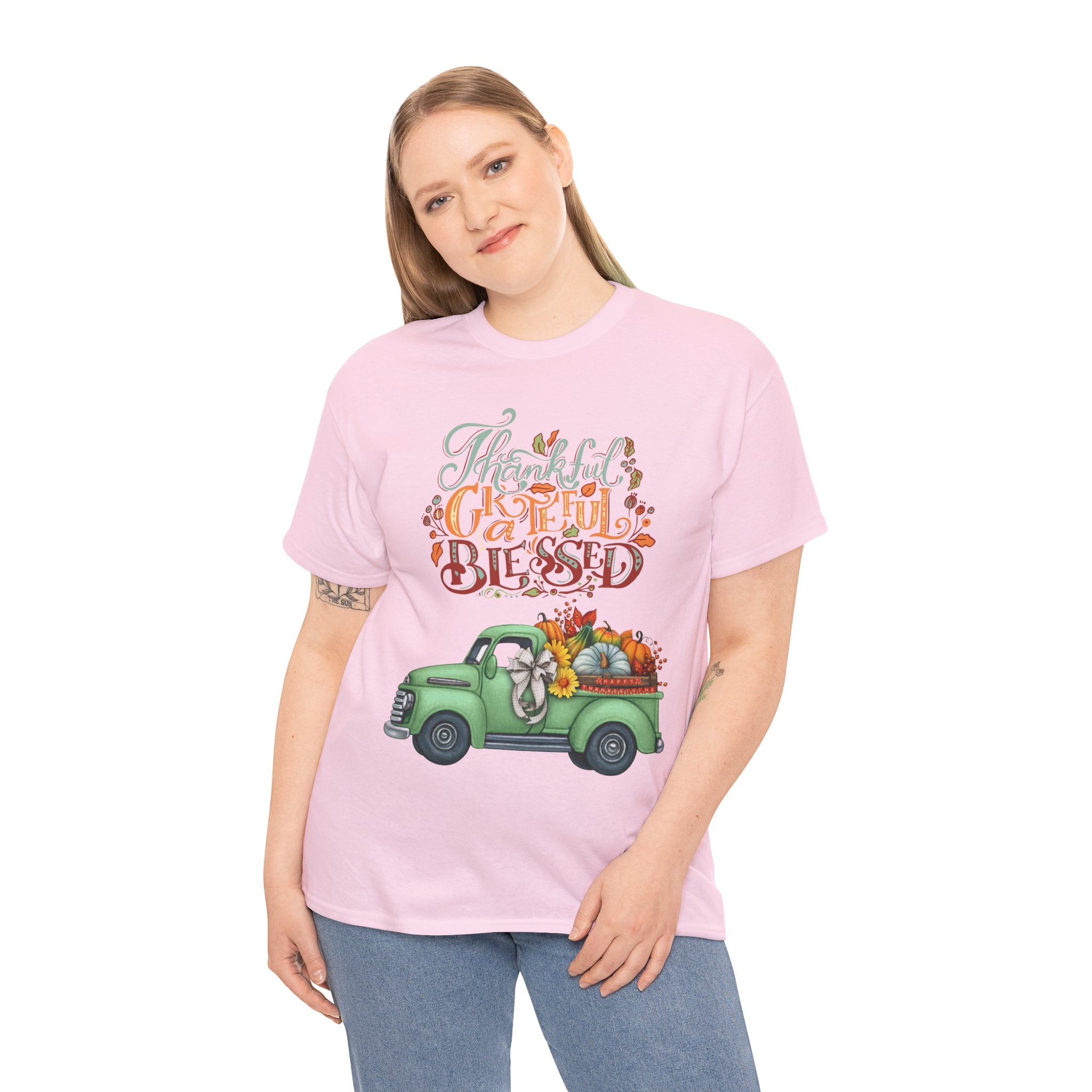 Thankful Grateful Blessed Tee, Unisex Heavy Cotton T-Shirt, Fall Apparel, Thanksgiving Shirt, Casual Wear, Gift for Friends