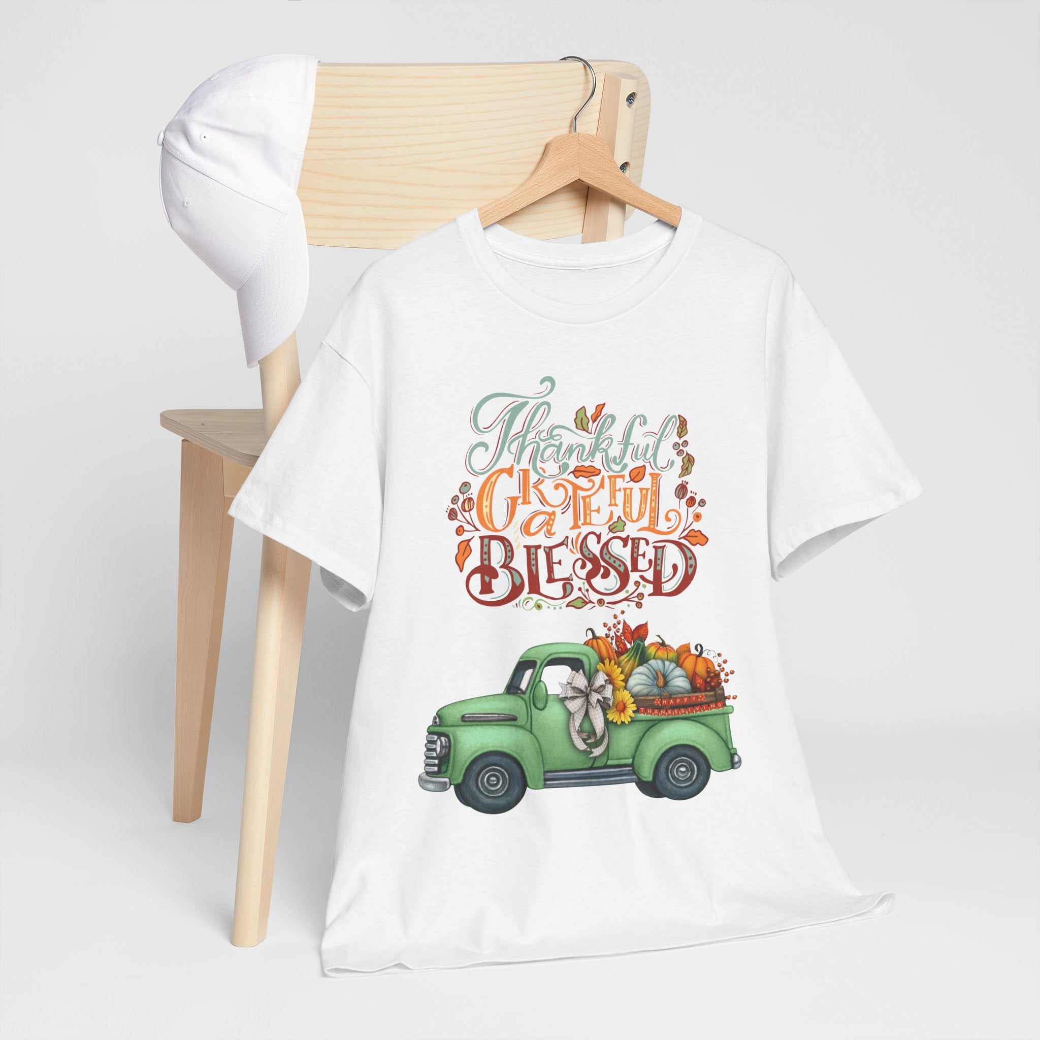 Thankful Grateful Blessed Tee, Unisex Heavy Cotton T-Shirt, Fall Apparel, Thanksgiving Shirt, Casual Wear, Gift for Friends
