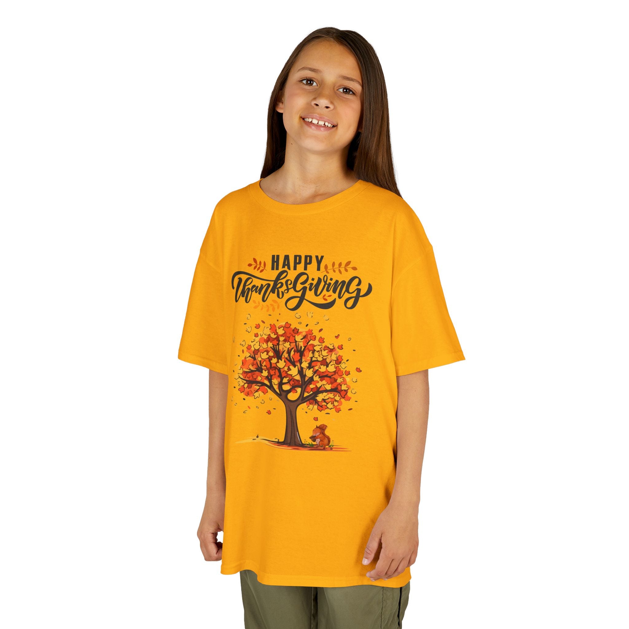 Happy Thanksgiving Kids Tee, Fall T-Shirt, Autumn Apparel, Festive Gift, Holiday Outfit, Tree and Leaves Design