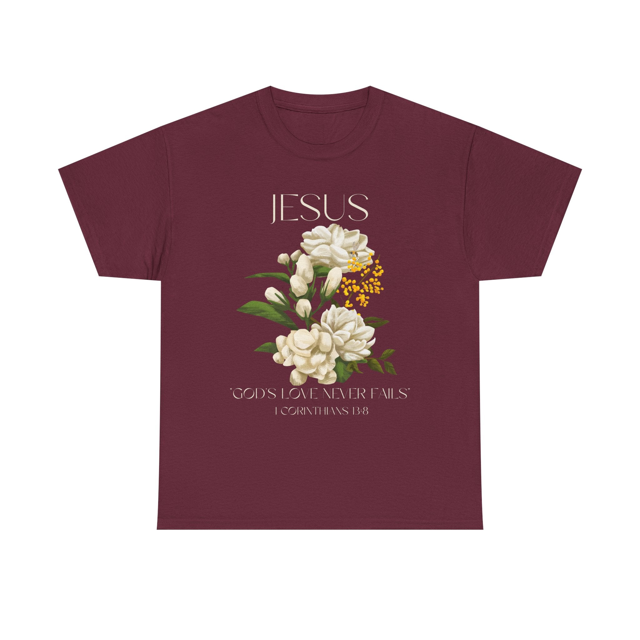 Floral Jesus-God's love never fails- Graphic Tee | Unisex Cotton T-Shirt for Faith & Inspiration, Ideal for Gifts, Casual Wear, Church Events, and Celebrations