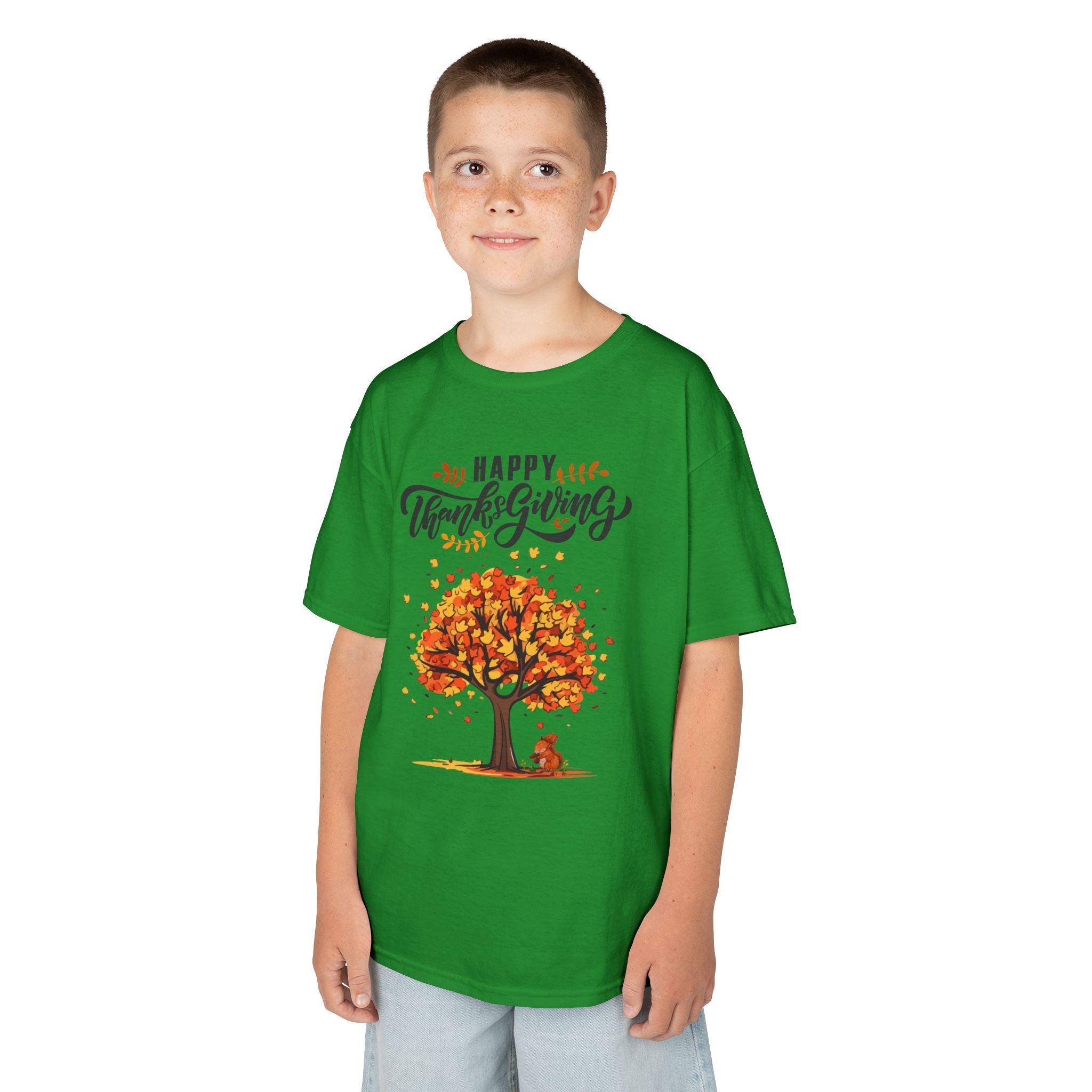 Happy Thanksgiving Kids Tee, Fall T-Shirt, Autumn Apparel, Festive Gift, Holiday Outfit, Tree and Leaves Design