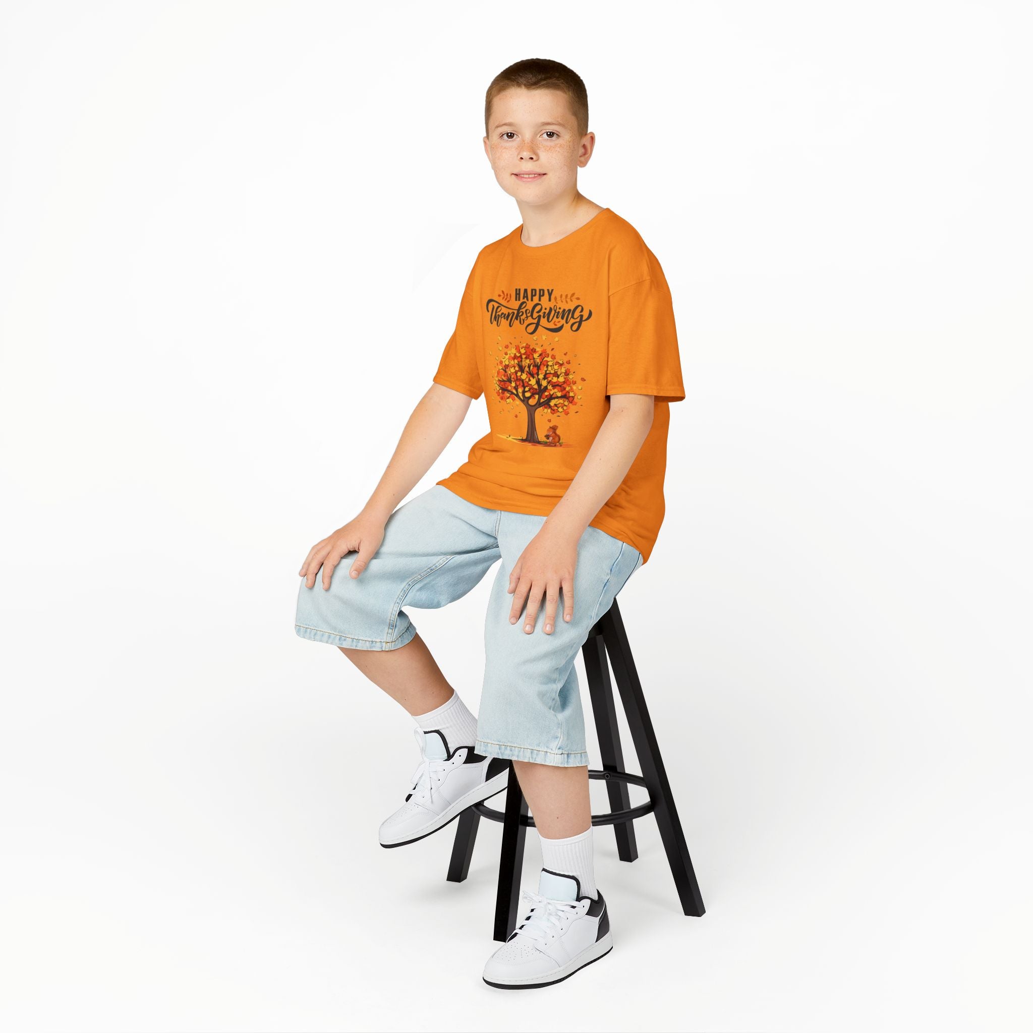 Happy Thanksgiving Kids Tee, Fall T-Shirt, Autumn Apparel, Festive Gift, Holiday Outfit, Tree and Leaves Design