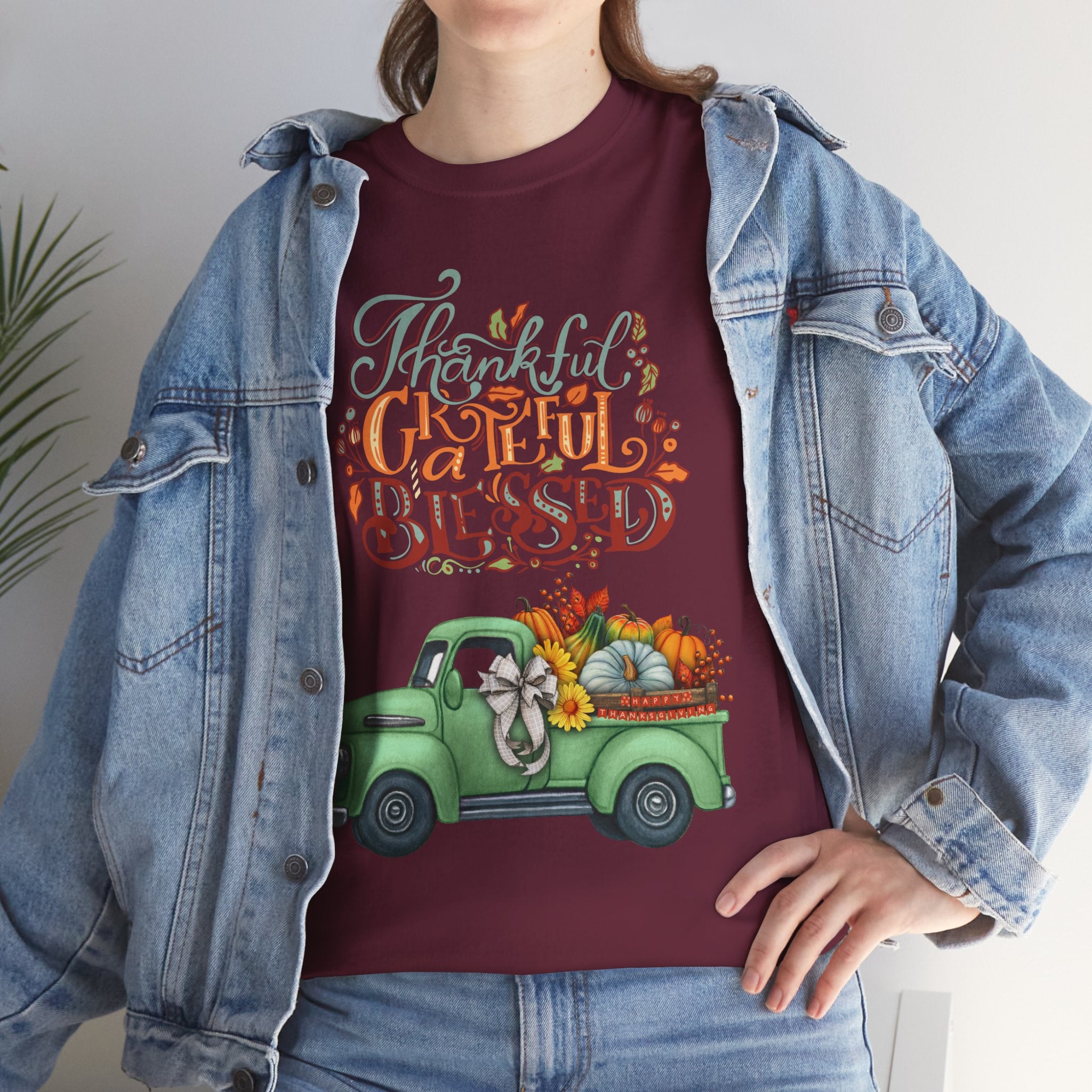 Thankful Grateful Blessed Tee, Unisex Heavy Cotton T-Shirt, Fall Apparel, Thanksgiving Shirt, Casual Wear, Gift for Friends