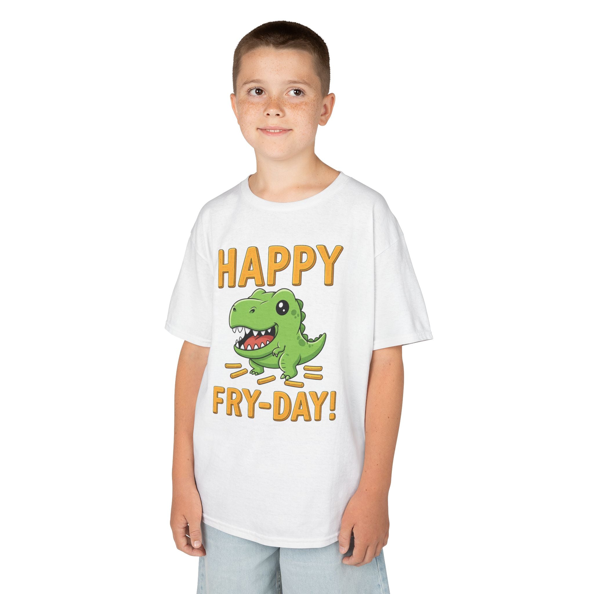 Happy Fry-Day Kids Tee, Fun Dinosaur T-Shirt, Kids Cotton Shirt, Birthday Gift, Everyday Wear, Summer Fun, Playful Tee