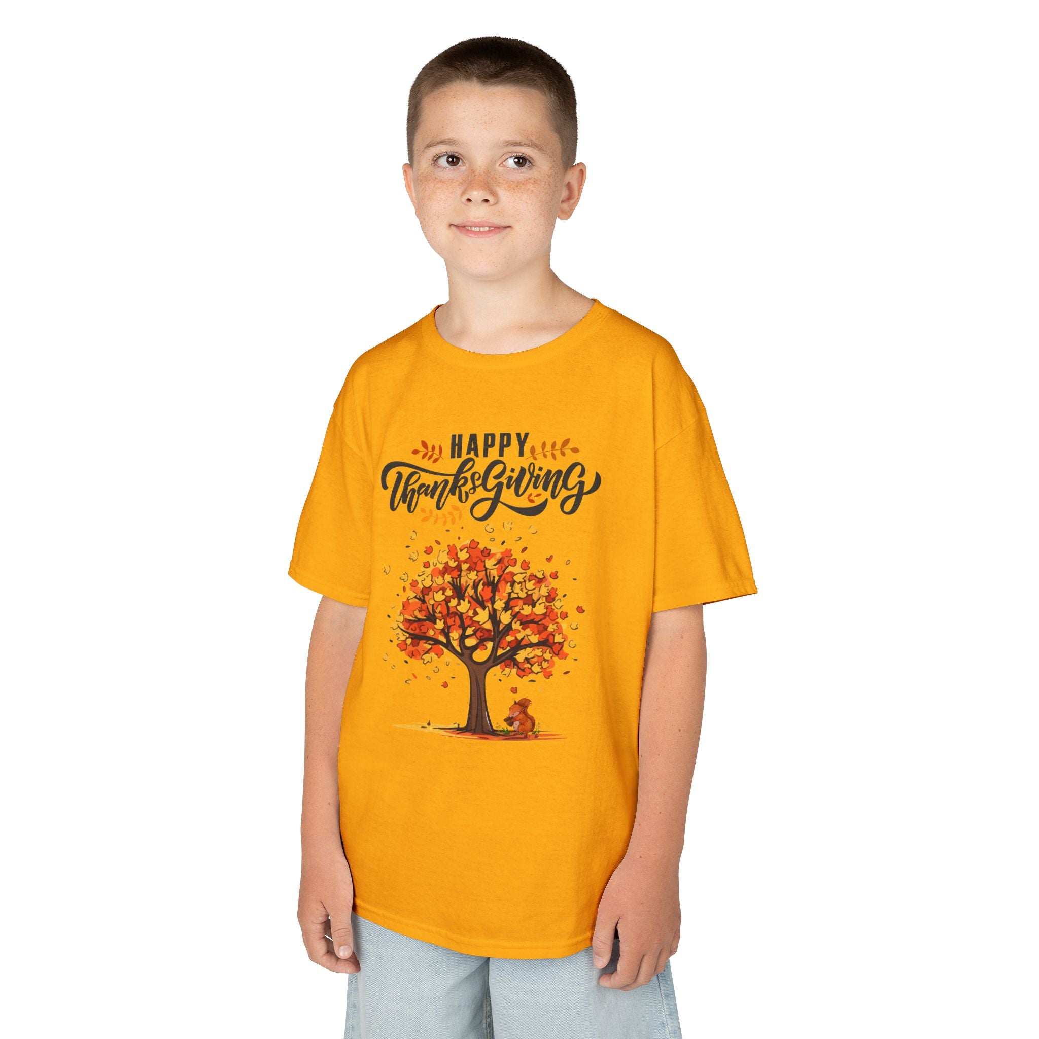 Happy Thanksgiving Kids Tee, Fall T-Shirt, Autumn Apparel, Festive Gift, Holiday Outfit, Tree and Leaves Design