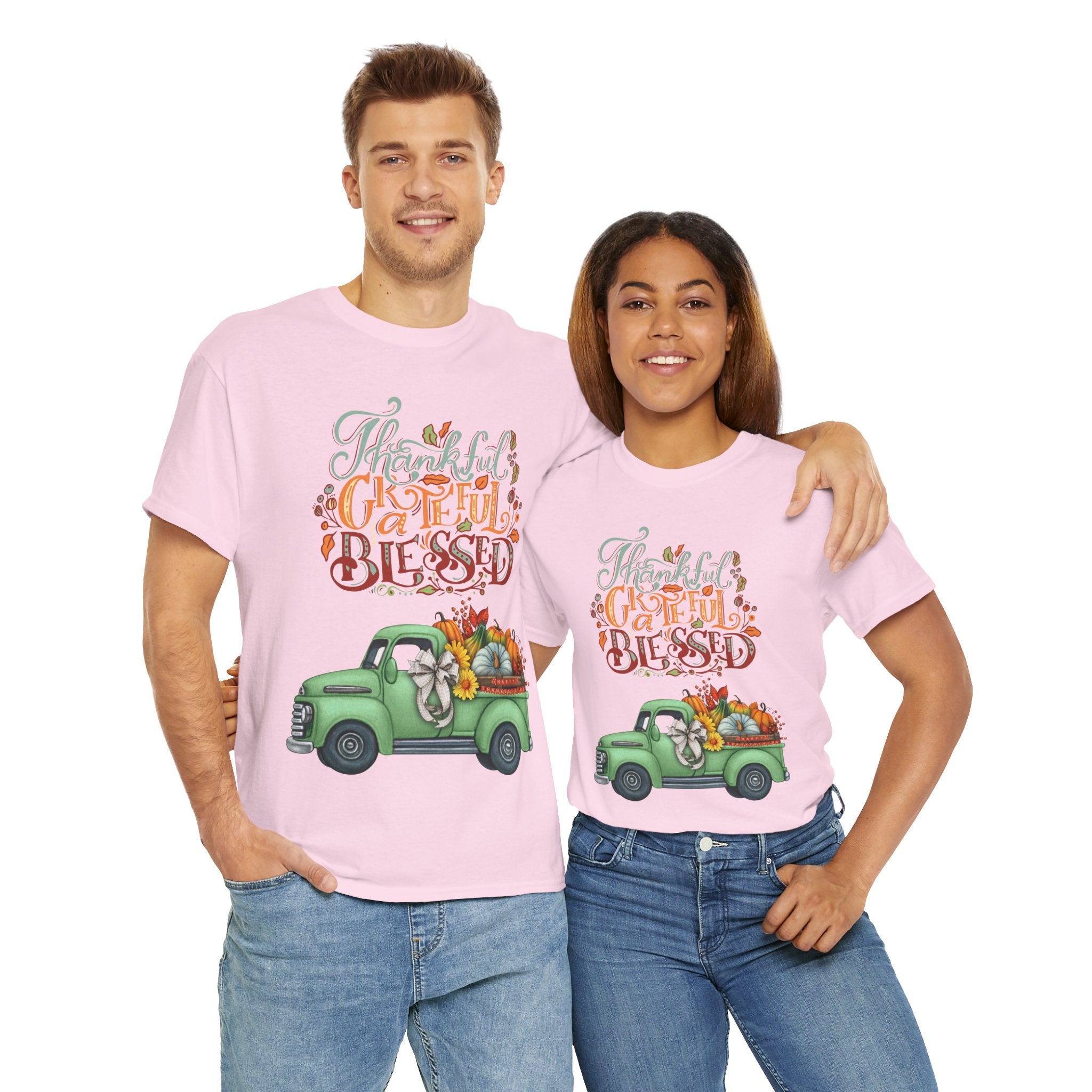 Thankful Grateful Blessed Tee, Unisex Heavy Cotton T-Shirt, Fall Apparel, Thanksgiving Shirt, Casual Wear, Gift for Friends