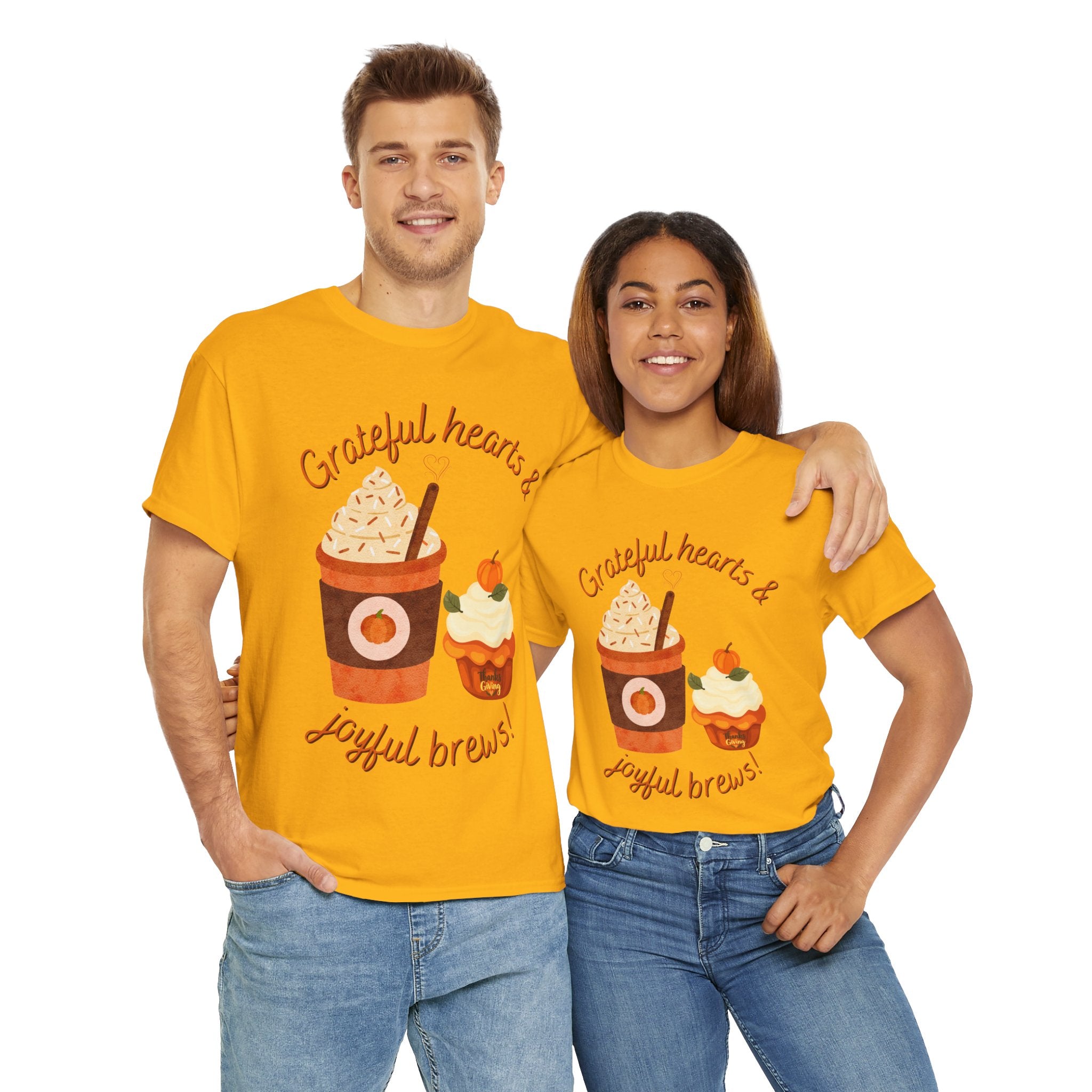 Happy Thanksgiving- Grateful Hearts & Joyful Brews Tee, Unisex Cotton Shirt, Coffee Lovers Gift, Casual Wear, Cute Tee for Celebrations, Fall Fashion