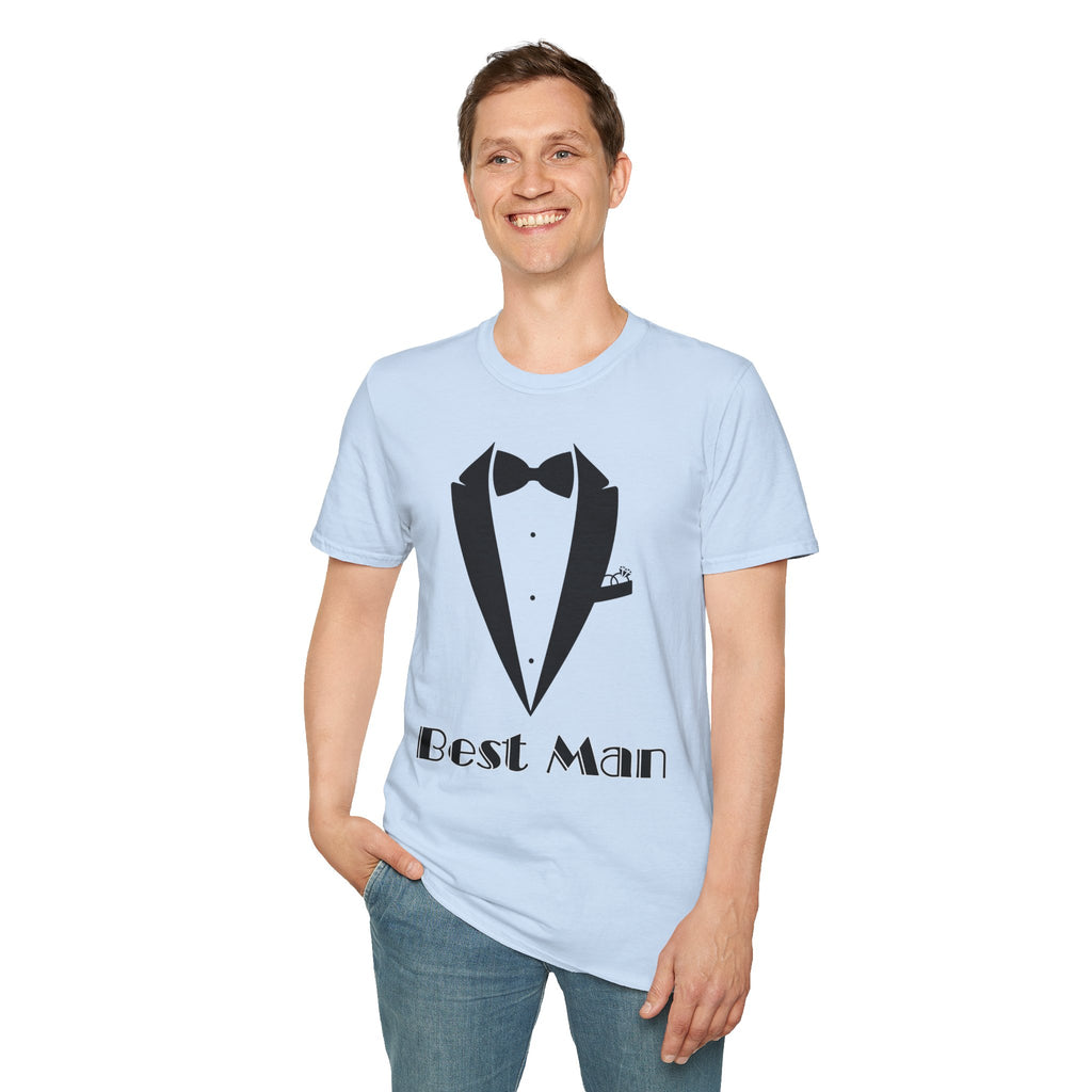 Best Man T-Shirt, Stylish Groom Attire, Wedding Gift for Him, Casual Event Shirt, Unisex Tuxedo Tee, Matching Groomsmen Apparel