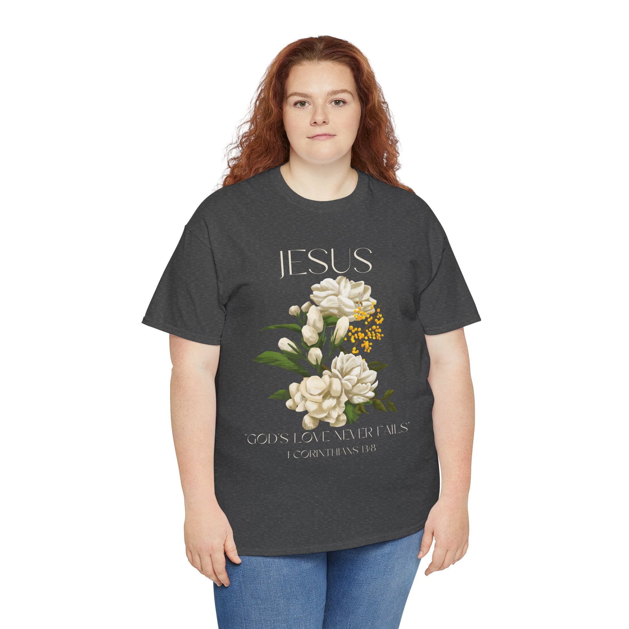 Floral Jesus-God's love never fails- Graphic Tee | Unisex Cotton T-Shirt for Faith & Inspiration, Ideal for Gifts, Casual Wear, Church Events, and Celebrations