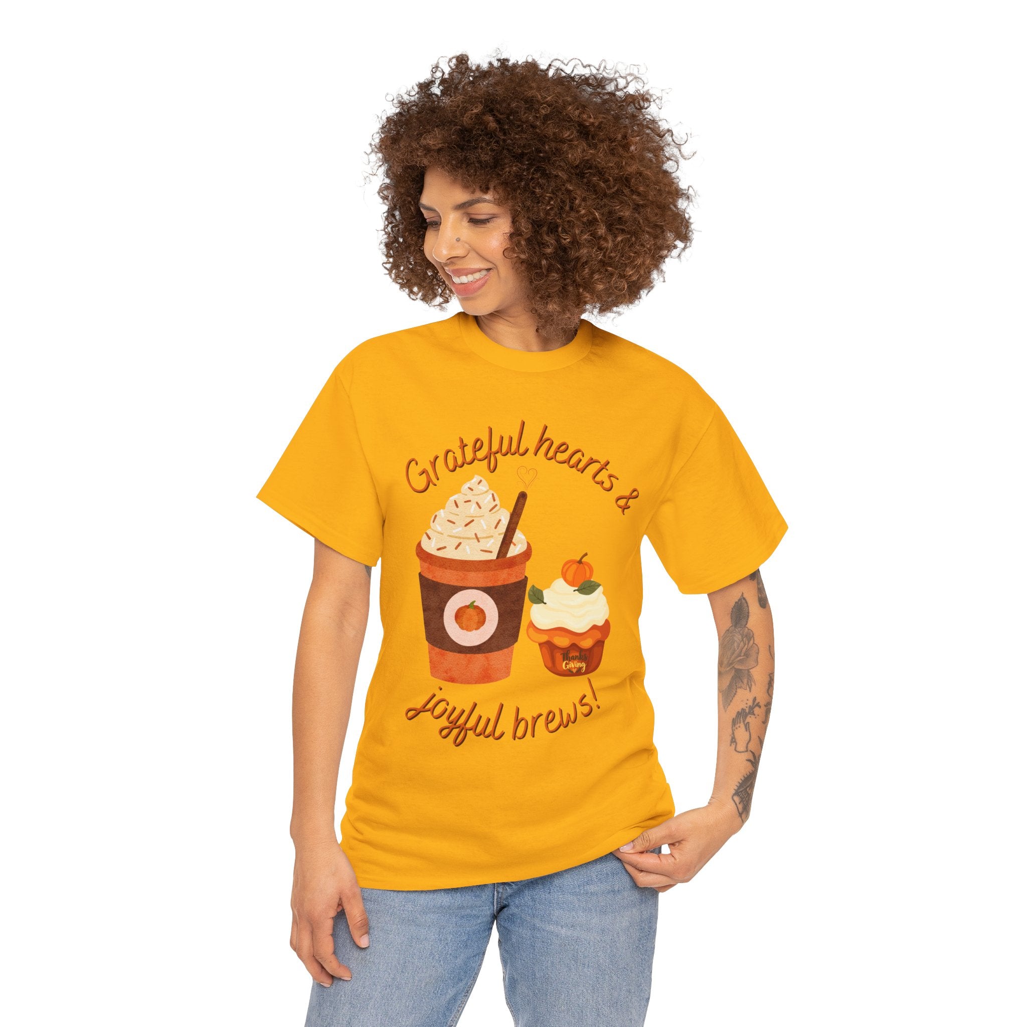 Happy Thanksgiving- Grateful Hearts & Joyful Brews Tee, Unisex Cotton Shirt, Coffee Lovers Gift, Casual Wear, Cute Tee for Celebrations, Fall Fashion