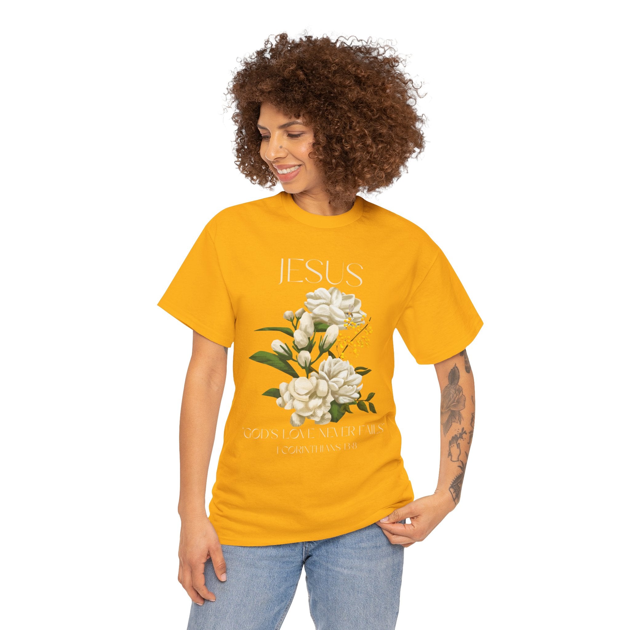 Floral Jesus-God's love never fails- Graphic Tee | Unisex Cotton T-Shirt for Faith & Inspiration, Ideal for Gifts, Casual Wear, Church Events, and Celebrations