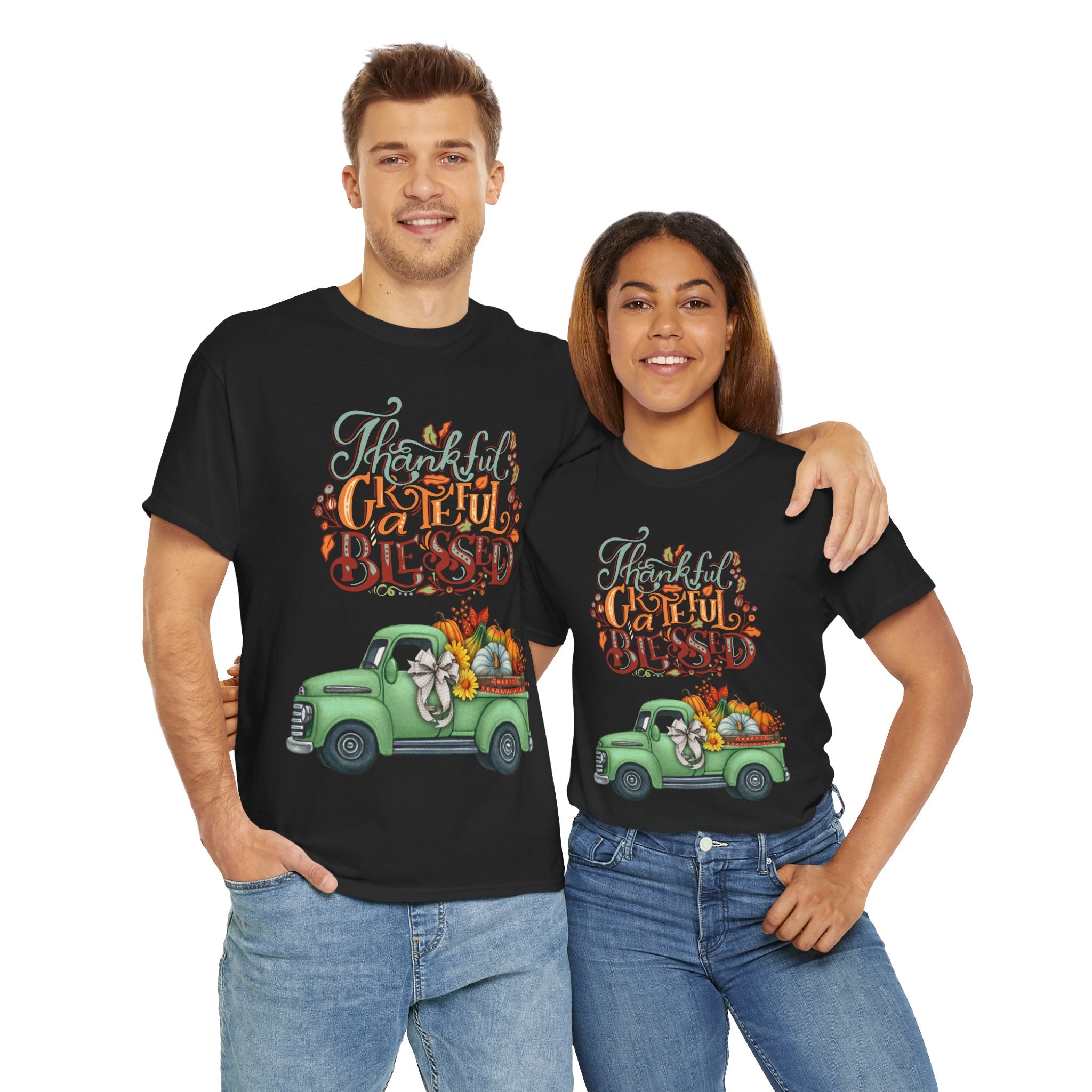 Thankful Grateful Blessed Tee, Unisex Heavy Cotton T-Shirt, Fall Apparel, Thanksgiving Shirt, Casual Wear, Gift for Friends