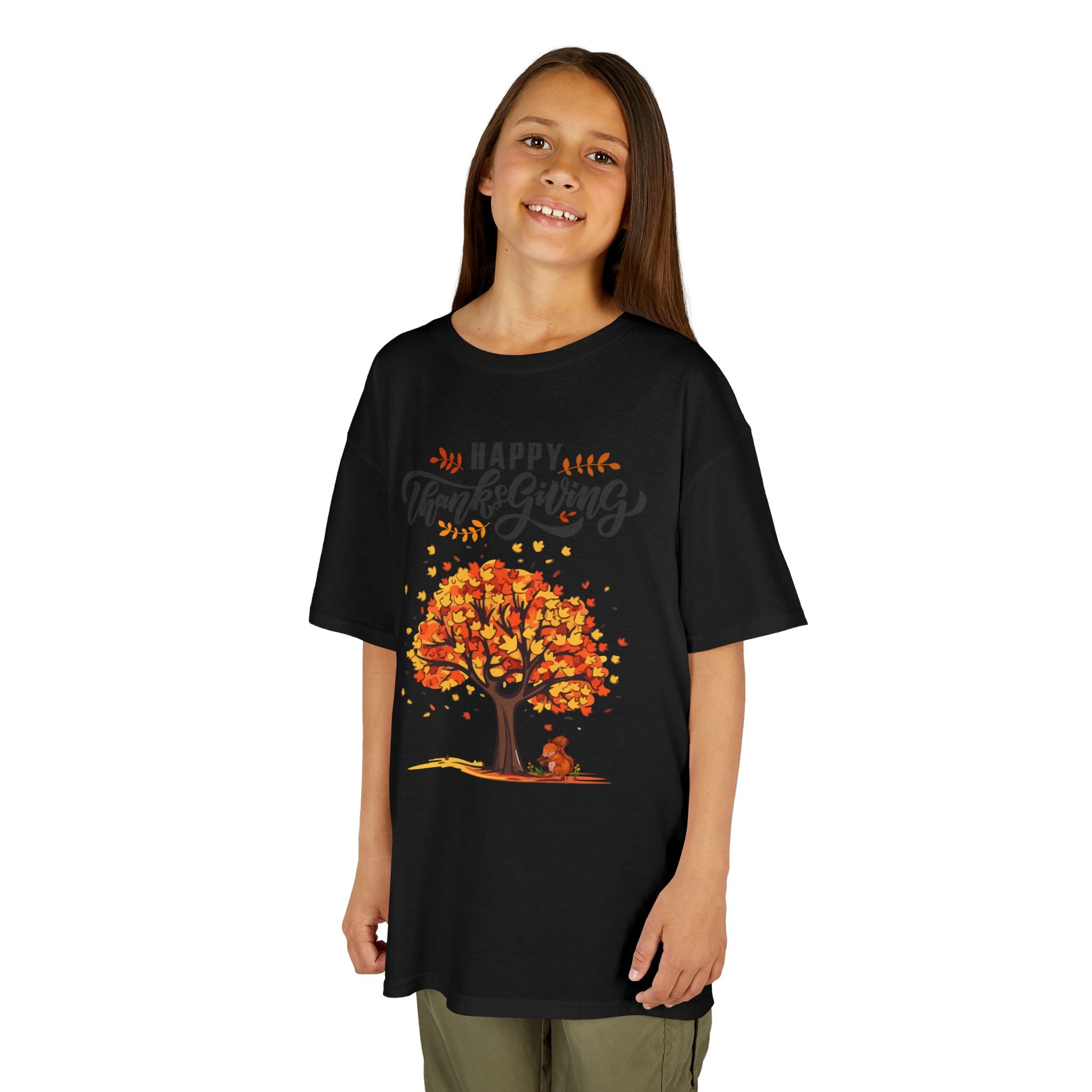 Happy Thanksgiving Kids Tee, Fall T-Shirt, Autumn Apparel, Festive Gift, Holiday Outfit, Tree and Leaves Design