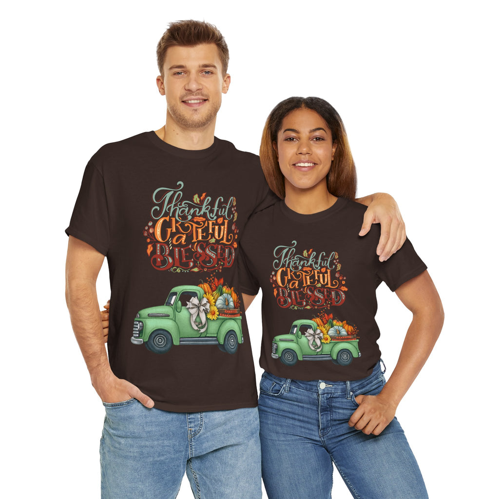 Thankful Grateful Blessed Tee, Unisex Heavy Cotton T-Shirt, Fall Apparel, Thanksgiving Shirt, Casual Wear, Gift for Friends