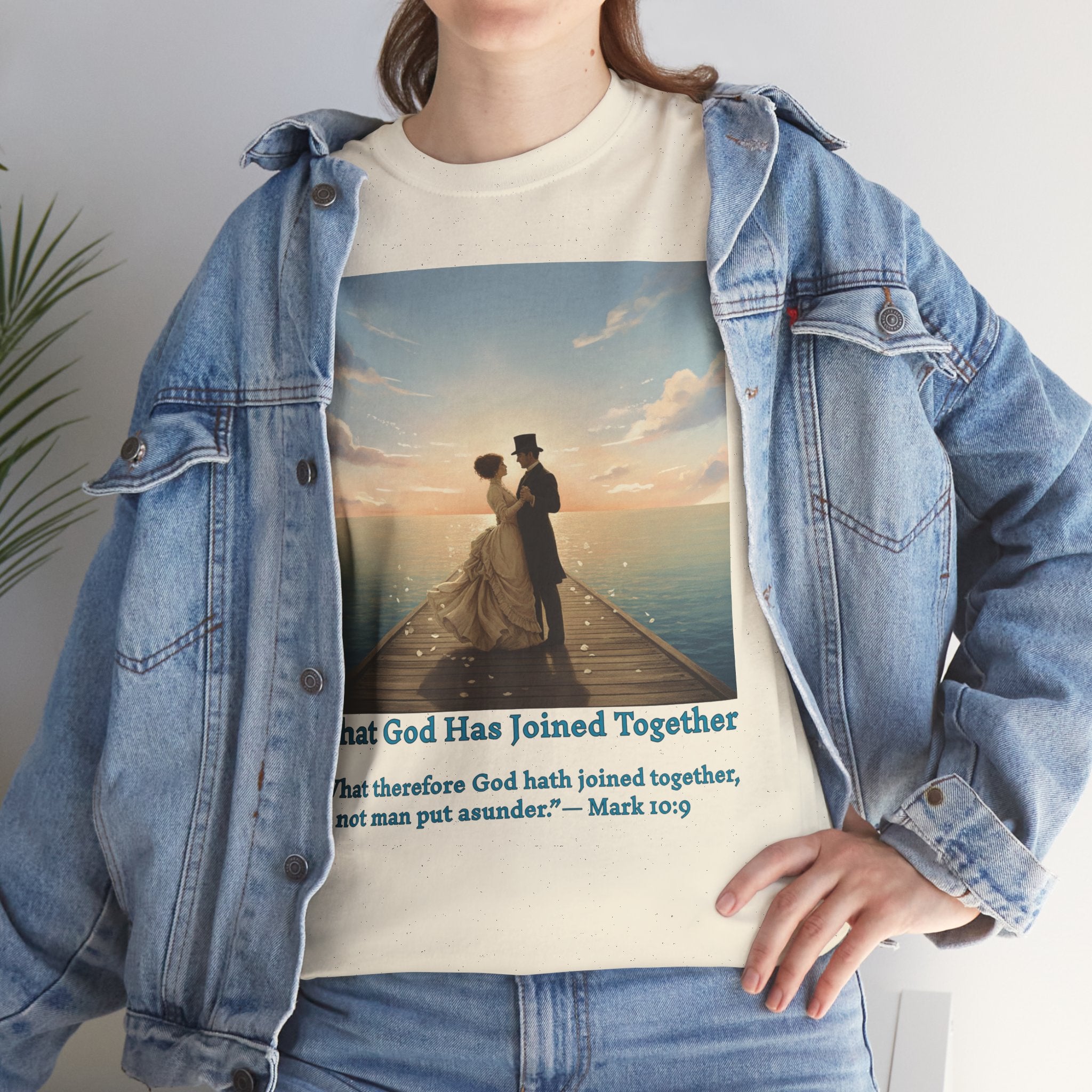 Romantic couple on a pier at sunset — inspired by Jack Vettriano-Wedding Quote T-Shirt, Unisex Heavy Cotton Tee, Casual Wear, Gift for Newlyweds, Bride & Groom Apparel, Anniversary Gift