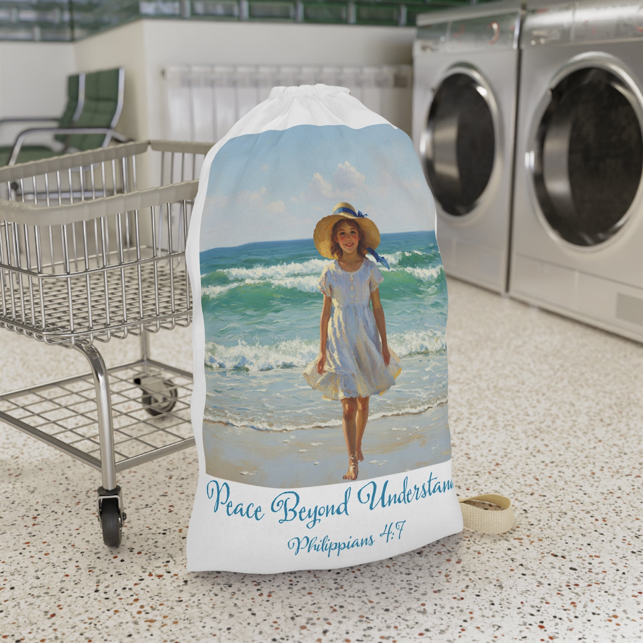 Christians-Philippians 4:7-Peaceful Bible Verse Laundry Bag, Inspirational Storage Bag, Gift for Faith Lovers, Beach Style Accessory, Modern Home OrganizationWith sunlit, painterly details reminiscent of impressionist art, channels tranquil beach vibes