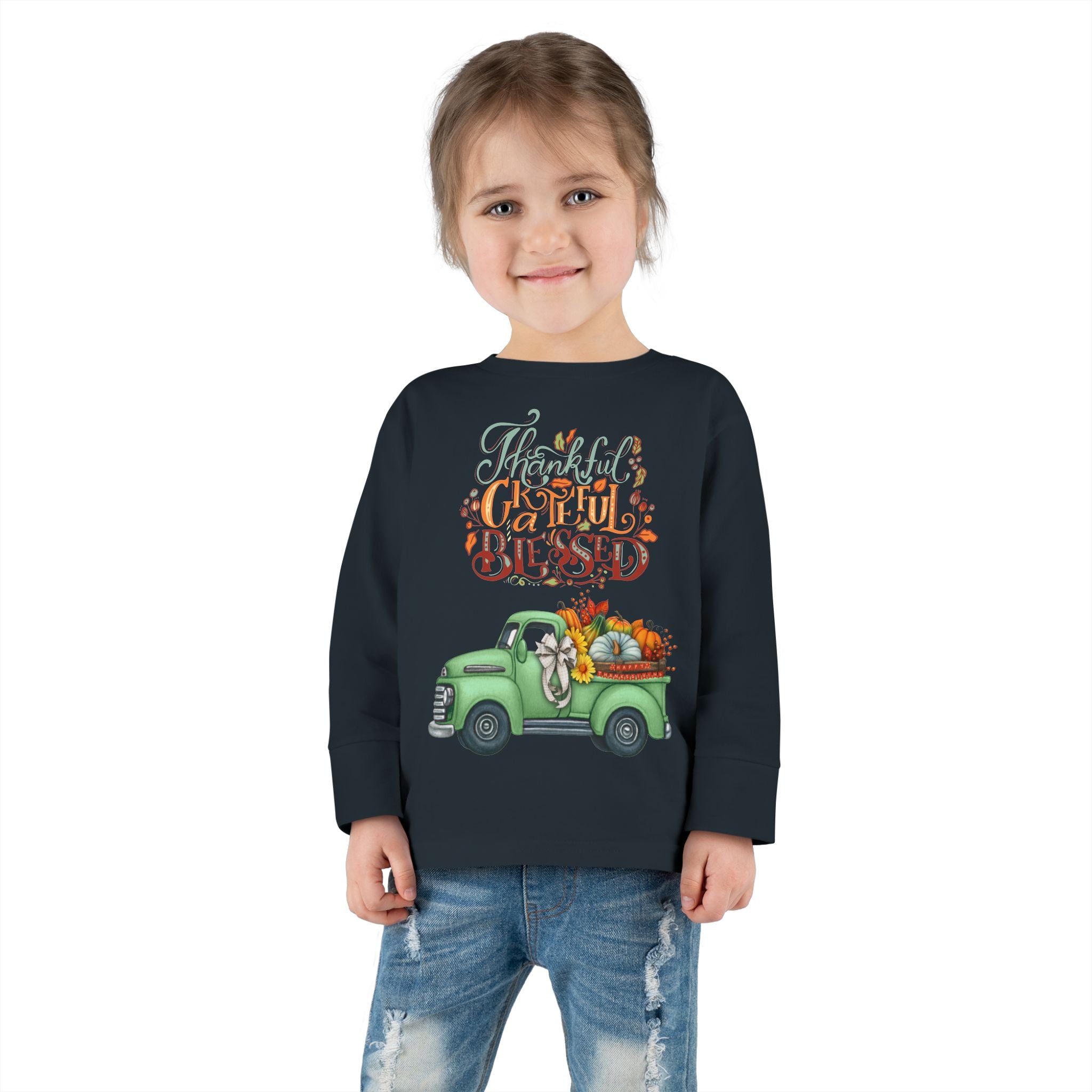 Toddler Long Sleeve Tee - "Grateful & Blessed" Fall Vibes T-Shirt, Kids Autumn Tee, Thanksgiving Outfit, Cute Toddler Gift, Seasonal Shirt