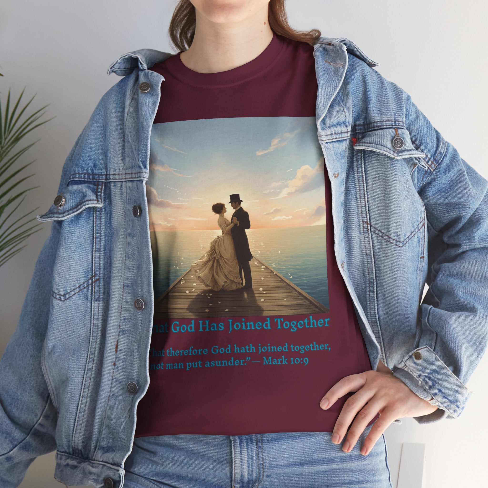 Romantic couple on a pier at sunset — inspired by Jack Vettriano-Wedding Quote T-Shirt, Unisex Heavy Cotton Tee, Casual Wear, Gift for Newlyweds, Bride & Groom Apparel, Anniversary Gift