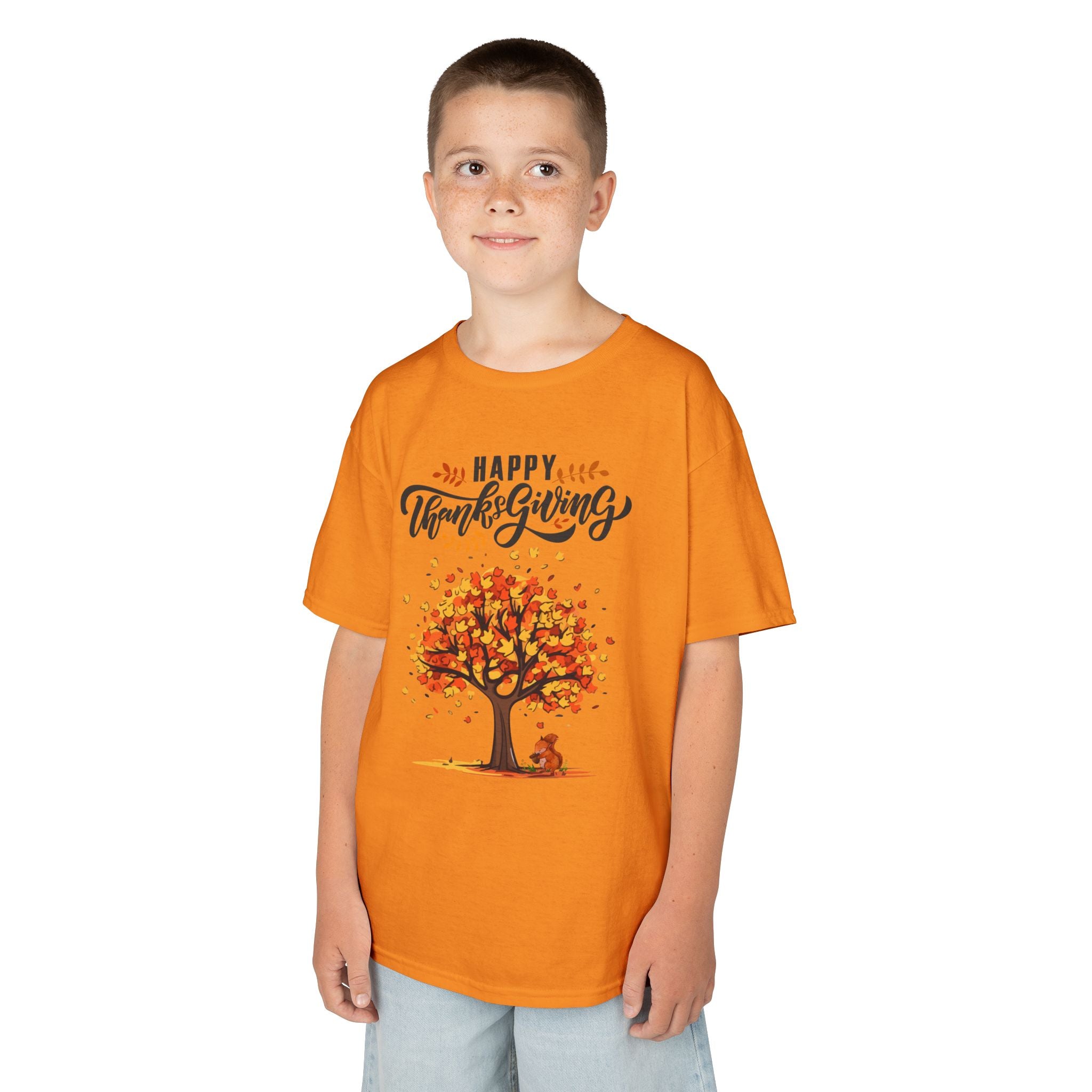 Happy Thanksgiving Kids Tee, Fall T-Shirt, Autumn Apparel, Festive Gift, Holiday Outfit, Tree and Leaves Design