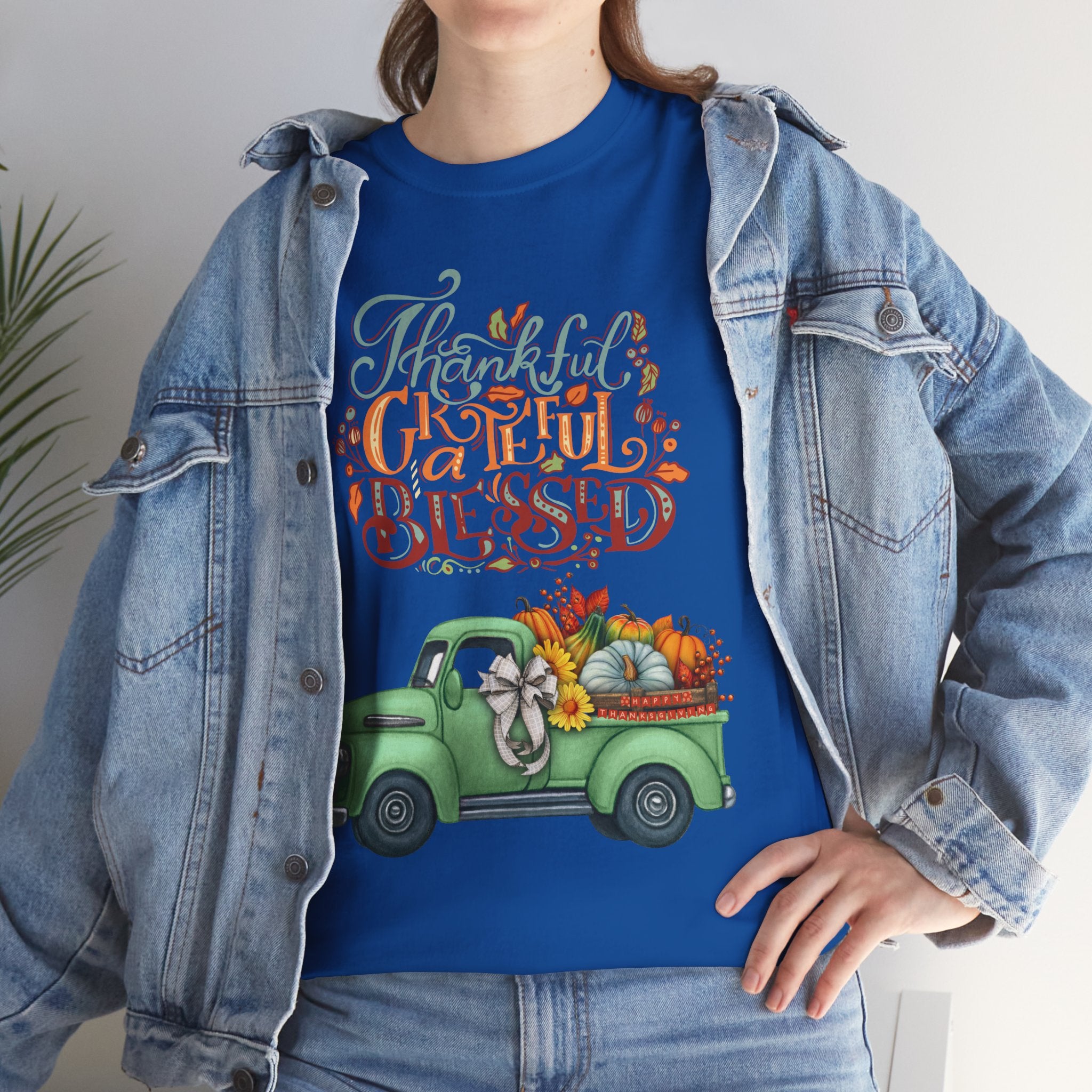 Thankful Grateful Blessed Tee, Unisex Heavy Cotton T-Shirt, Fall Apparel, Thanksgiving Shirt, Casual Wear, Gift for Friends