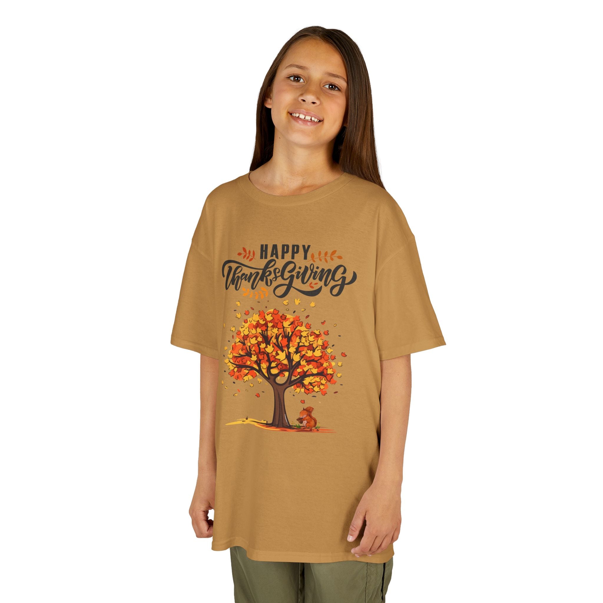 Happy Thanksgiving Kids Tee, Fall T-Shirt, Autumn Apparel, Festive Gift, Holiday Outfit, Tree and Leaves Design