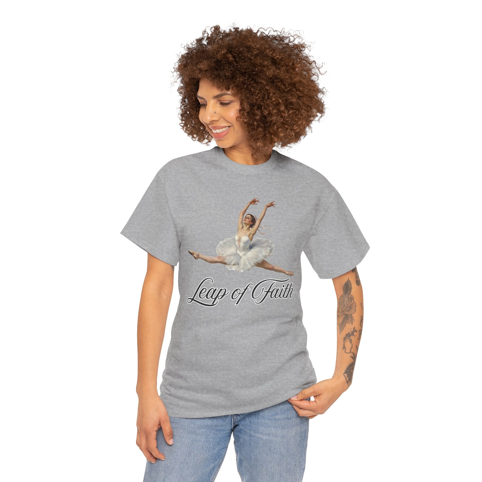 Ballet Inspired Tee - Leap of Faith, Dance Gift, Unisex Cotton Shirt, Inspirational Apparel, Performance Wear, Gift for Dancers-Ballerina in a split leap, inspired by the impressionistic ballet studies of Edgar Degas.