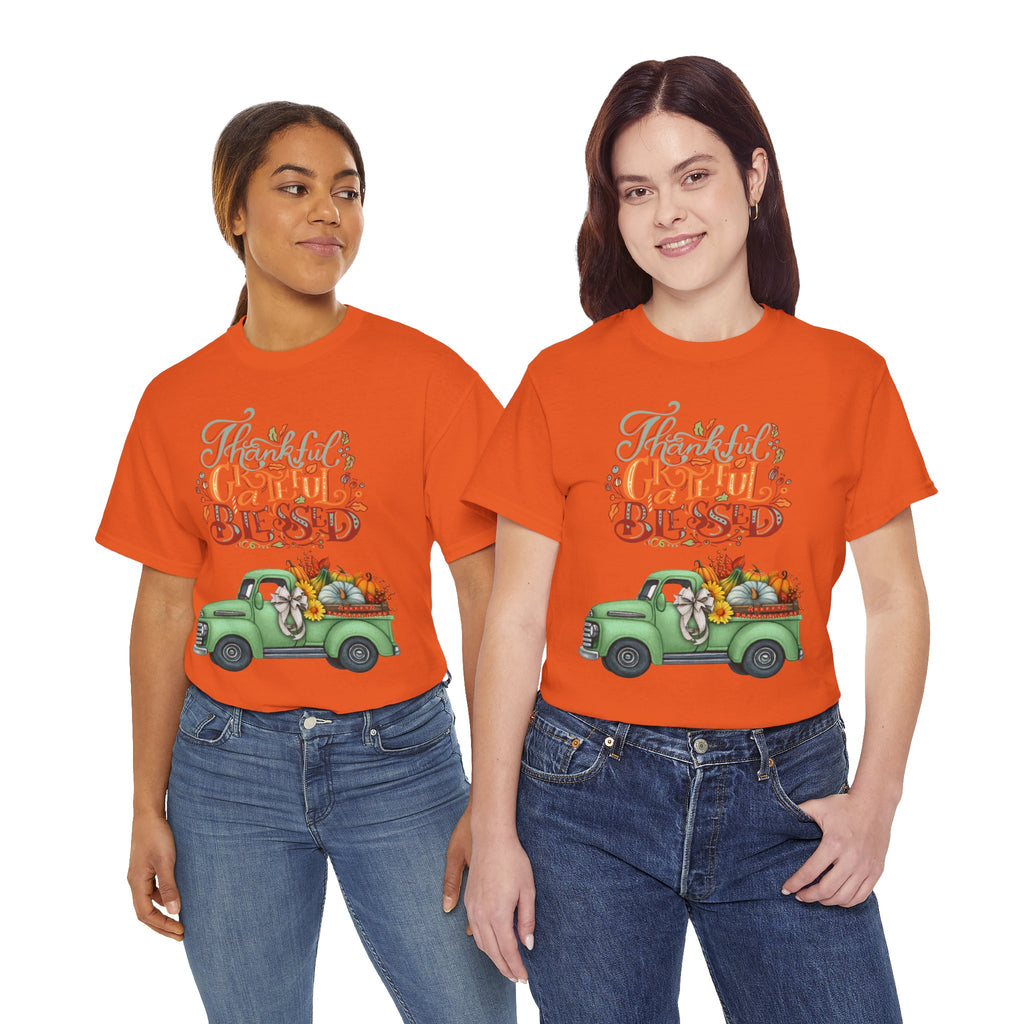 Thankful Grateful Blessed Tee, Unisex Heavy Cotton T-Shirt, Fall Apparel, Thanksgiving Shirt, Casual Wear, Gift for Friends