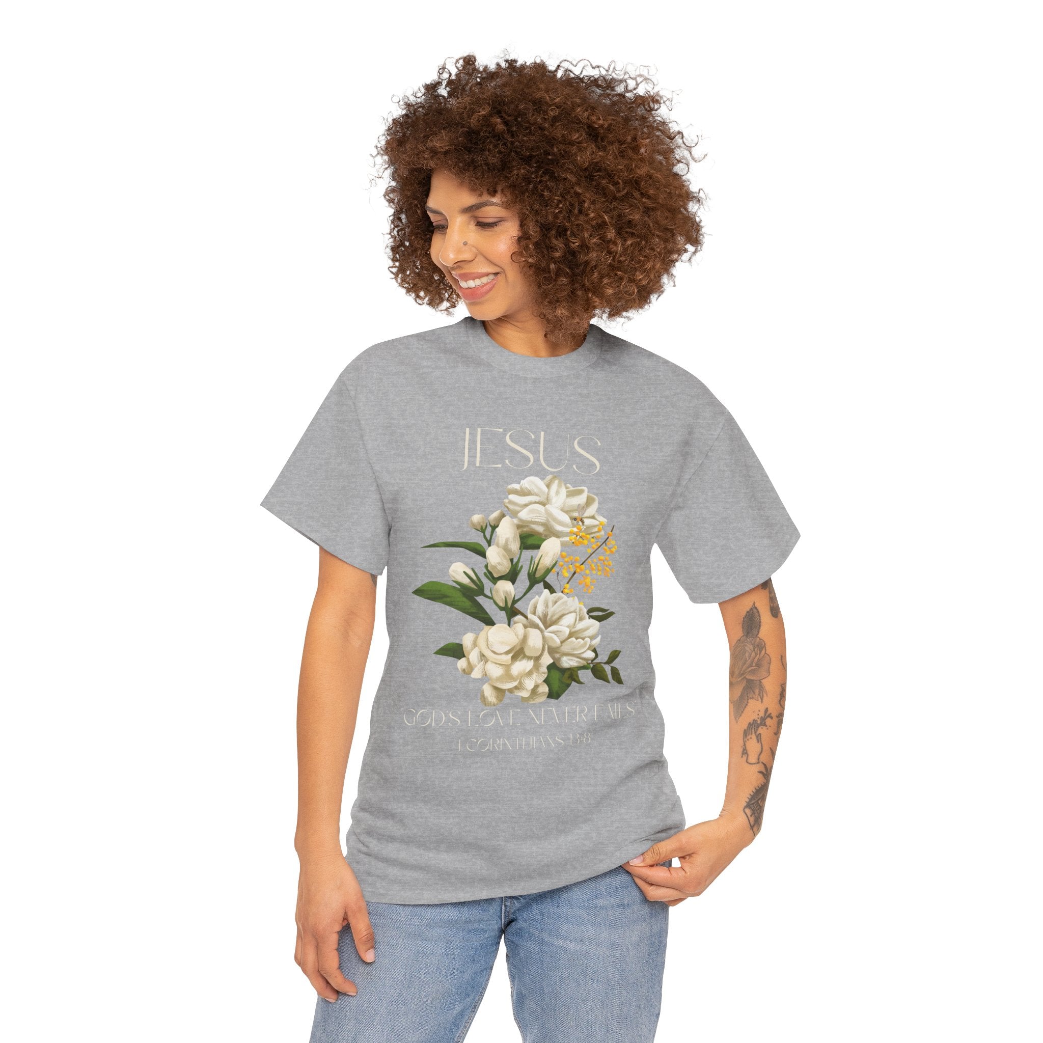 Floral Jesus-God's love never fails- Graphic Tee | Unisex Cotton T-Shirt for Faith & Inspiration, Ideal for Gifts, Casual Wear, Church Events, and Celebrations