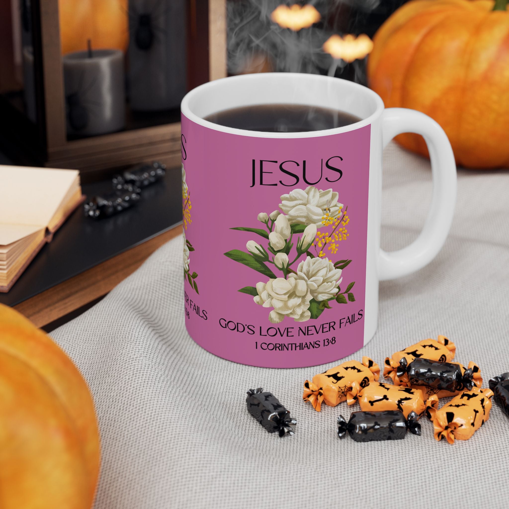 Jesus Inspirational Ceramic Mug 11 oz - God's Love Never Fails - Perfect for Every Occasion, Coffee Lovers Gift, Christian Encouragement, Floral