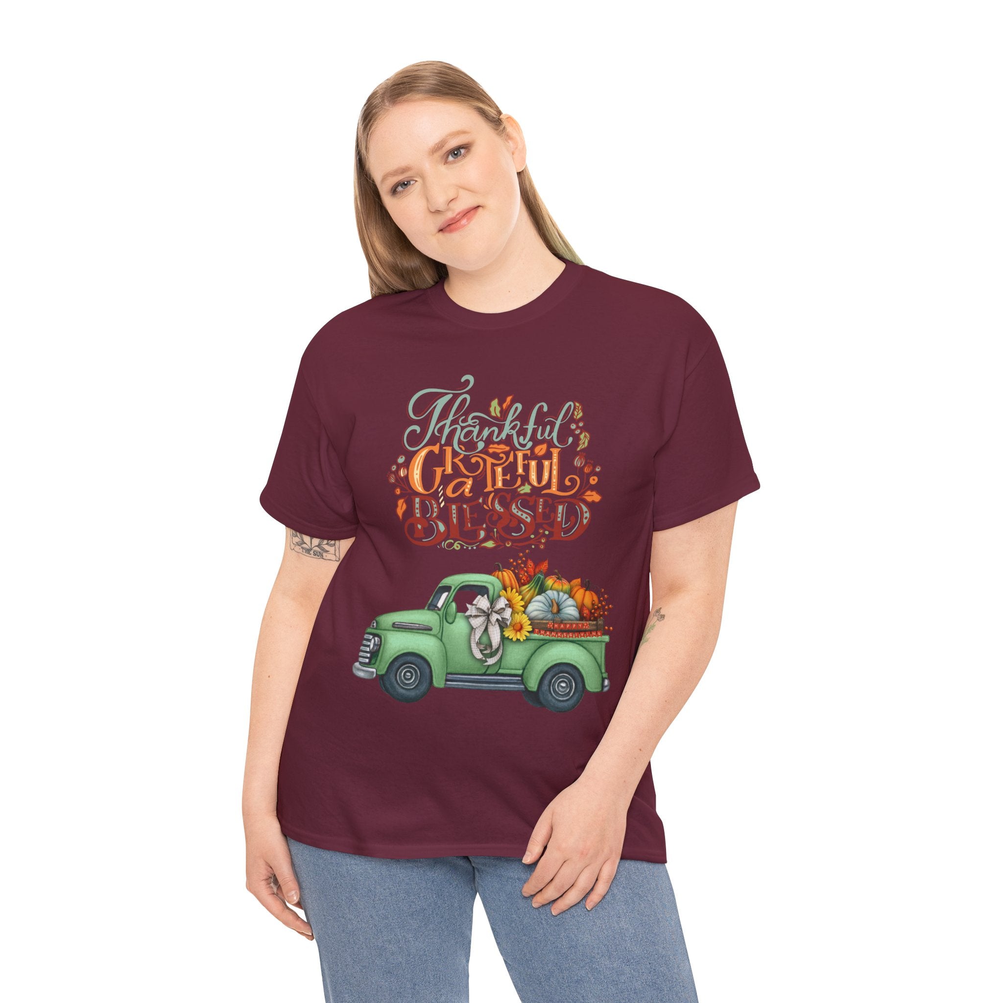 Thankful Grateful Blessed Tee, Unisex Heavy Cotton T-Shirt, Fall Apparel, Thanksgiving Shirt, Casual Wear, Gift for Friends