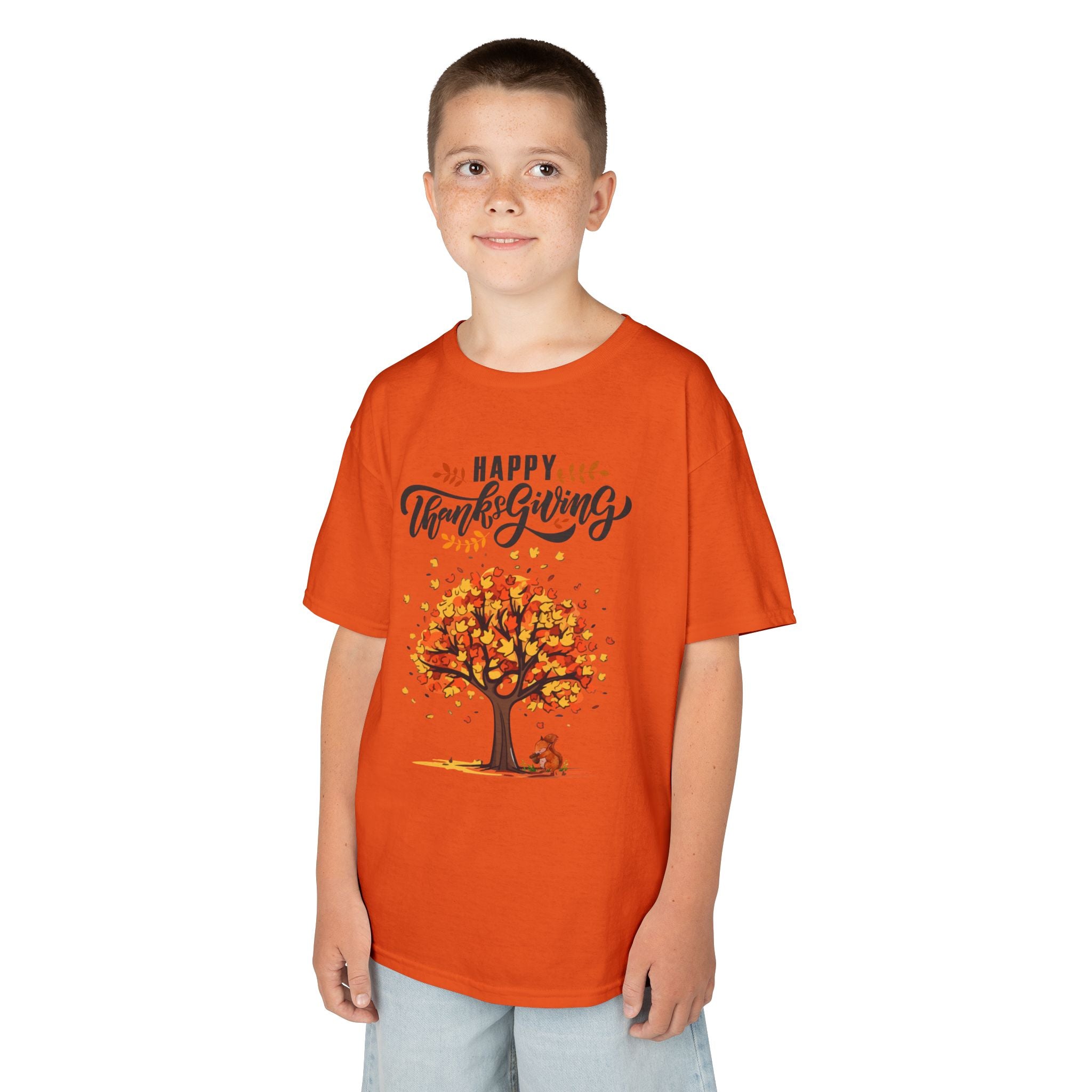 Happy Thanksgiving Kids Tee, Fall T-Shirt, Autumn Apparel, Festive Gift, Holiday Outfit, Tree and Leaves Design