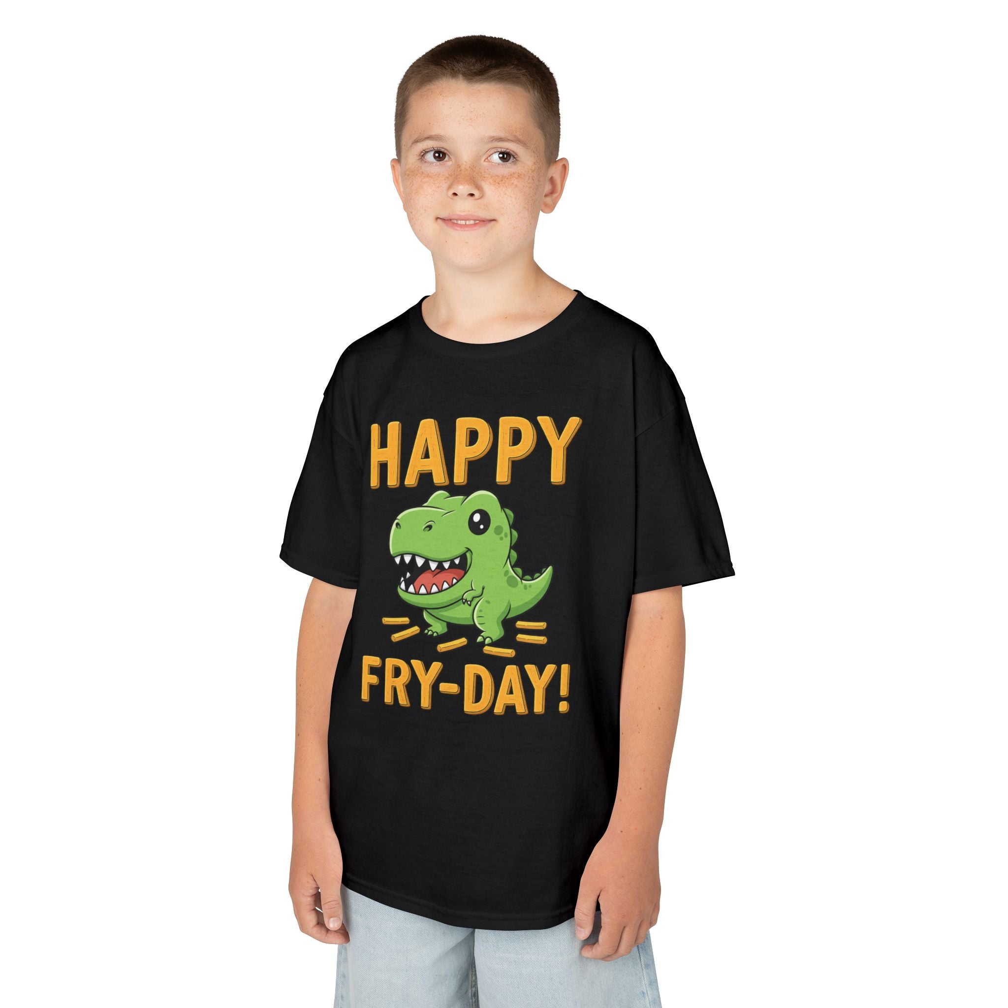 Happy Fry-Day Kids Tee, Fun Dinosaur T-Shirt, Kids Cotton Shirt, Birthday Gift, Everyday Wear, Summer Fun, Playful Tee