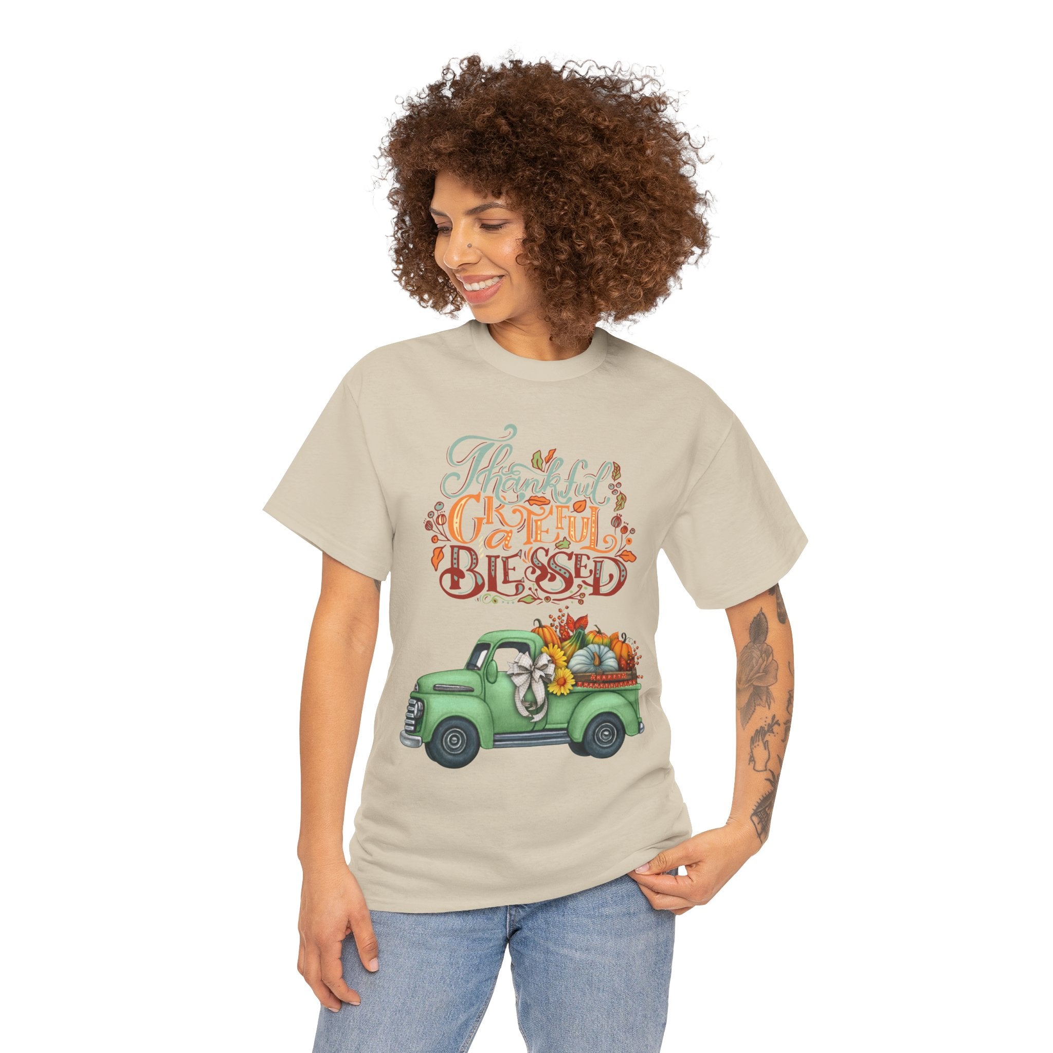 Thankful Grateful Blessed Tee, Unisex Heavy Cotton T-Shirt, Fall Apparel, Thanksgiving Shirt, Casual Wear, Gift for Friends