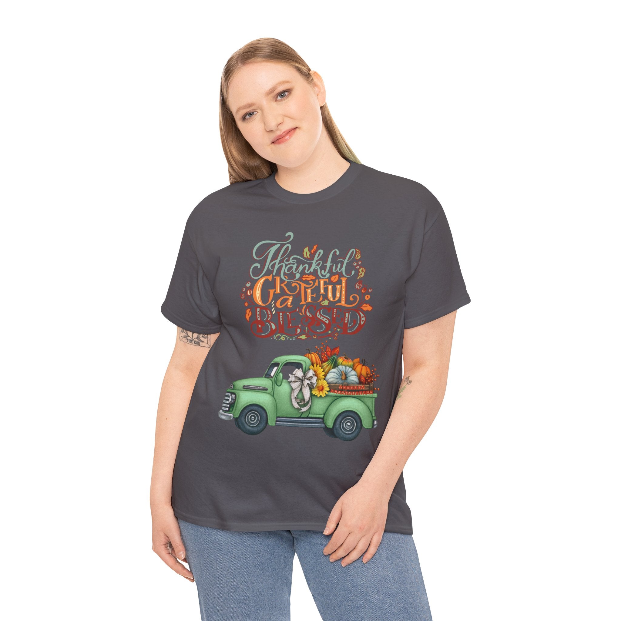 Thankful Grateful Blessed Tee, Unisex Heavy Cotton T-Shirt, Fall Apparel, Thanksgiving Shirt, Casual Wear, Gift for Friends
