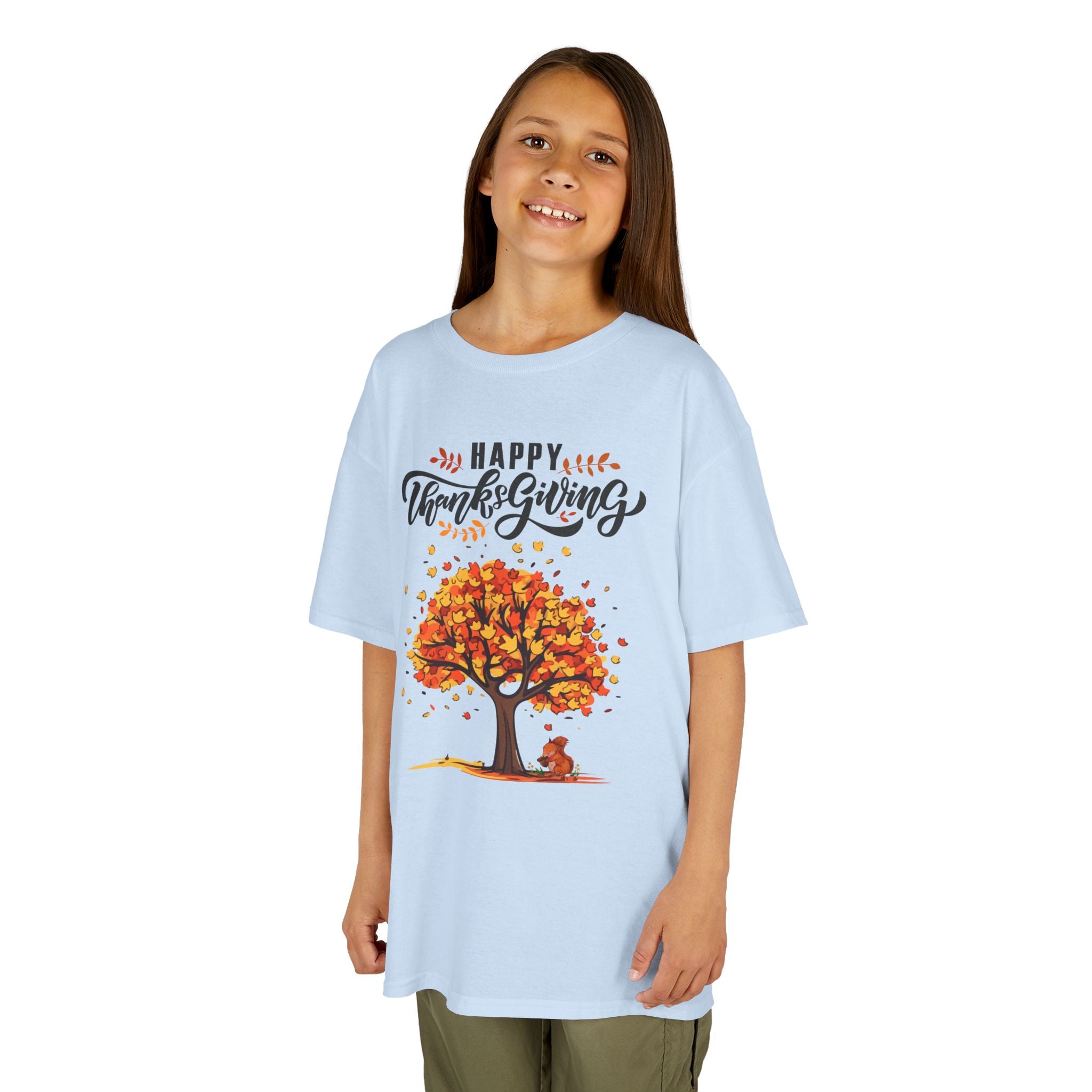 Happy Thanksgiving Kids Tee, Fall T-Shirt, Autumn Apparel, Festive Gift, Holiday Outfit, Tree and Leaves Design
